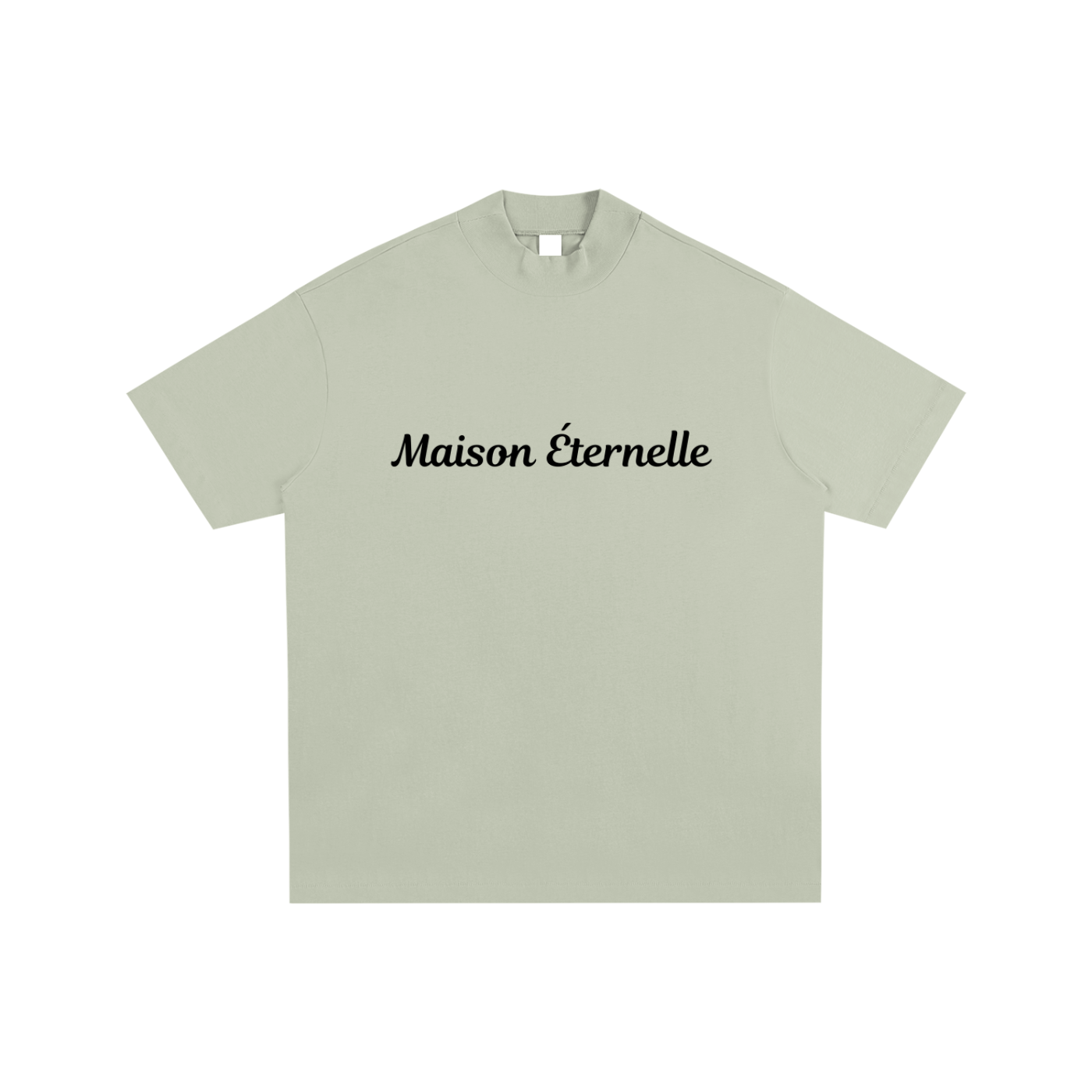 Light green t-shirt with 'Maison éternelle' text on a white background
