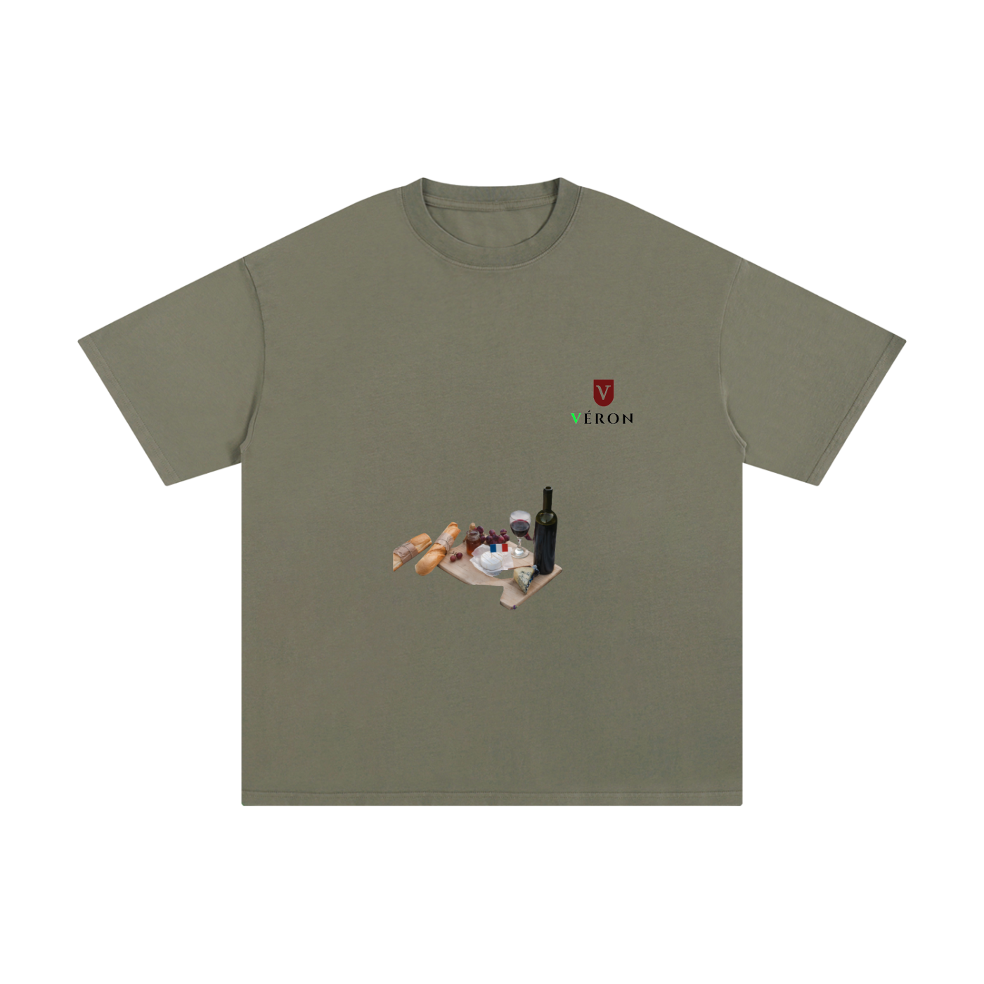 VERON Green t-shirt with a graphic design and brand logo on a white background