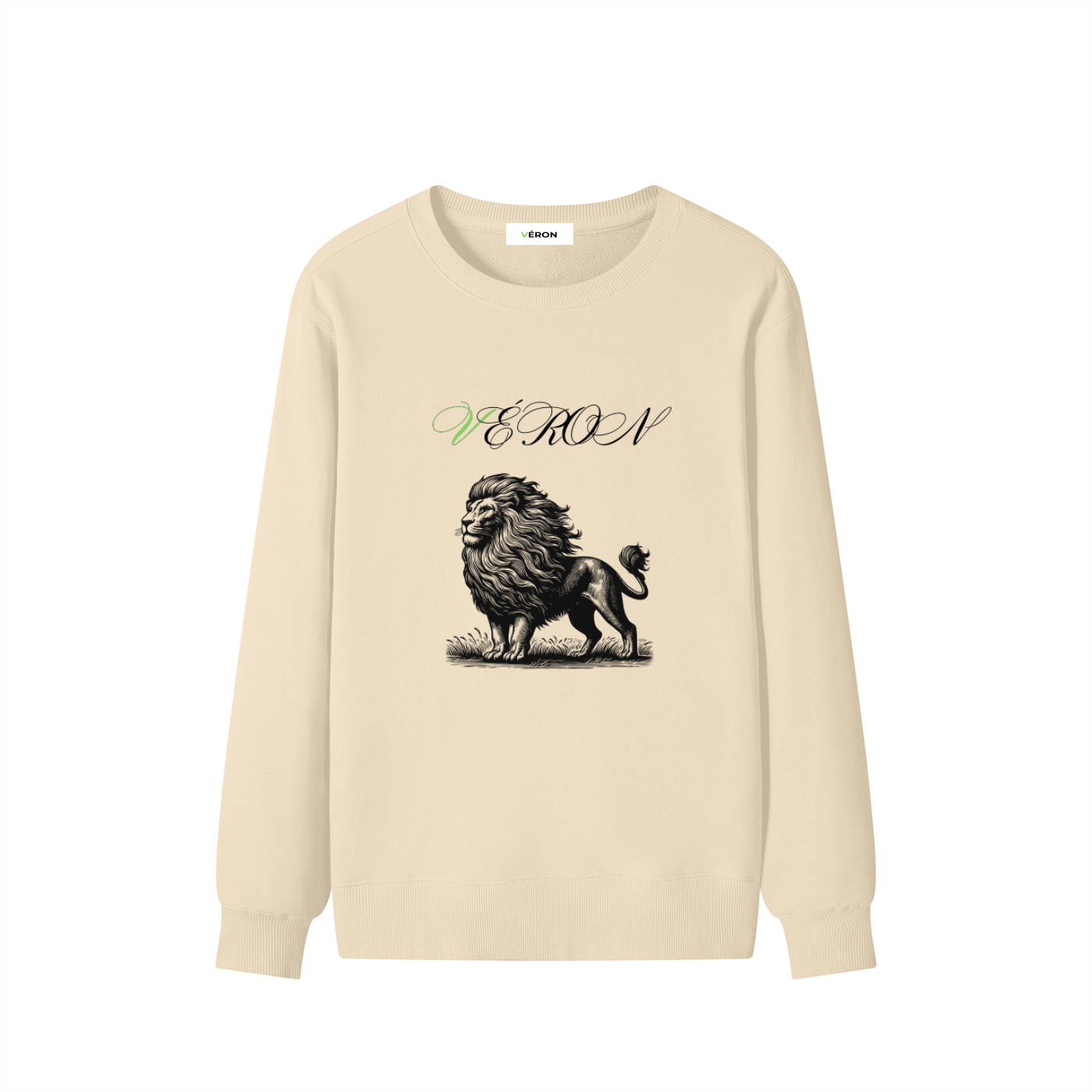 Beige long-sleeve shirt with a lion graphic and 'VERON' text on a white background