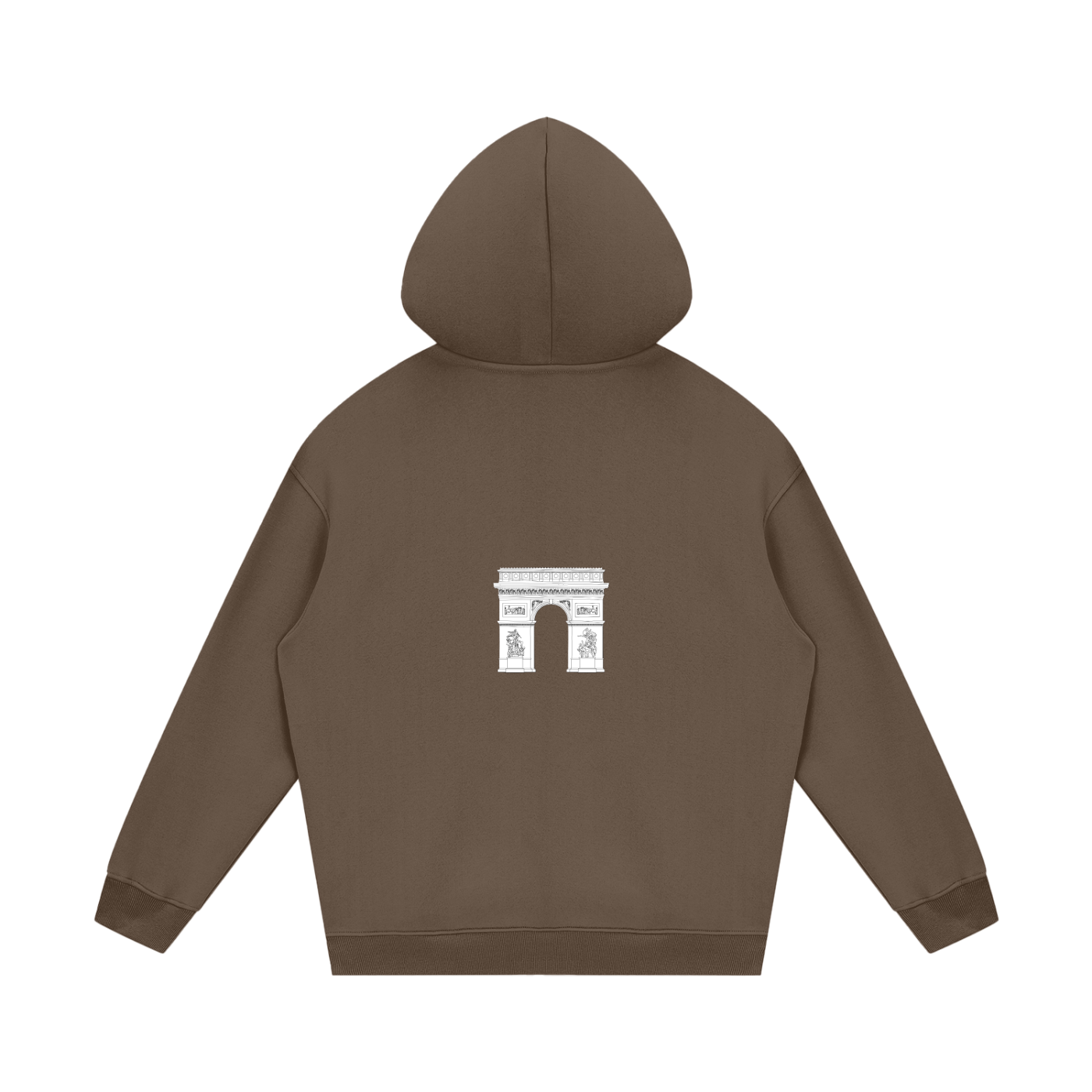 Brown hoodie with a white emblem on the back against a white background