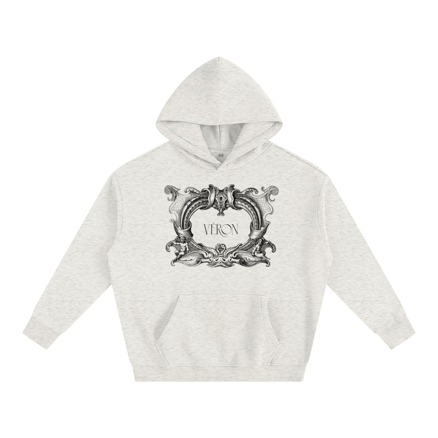 White hoodie with decorative emblem and 'VERON' text on a white background