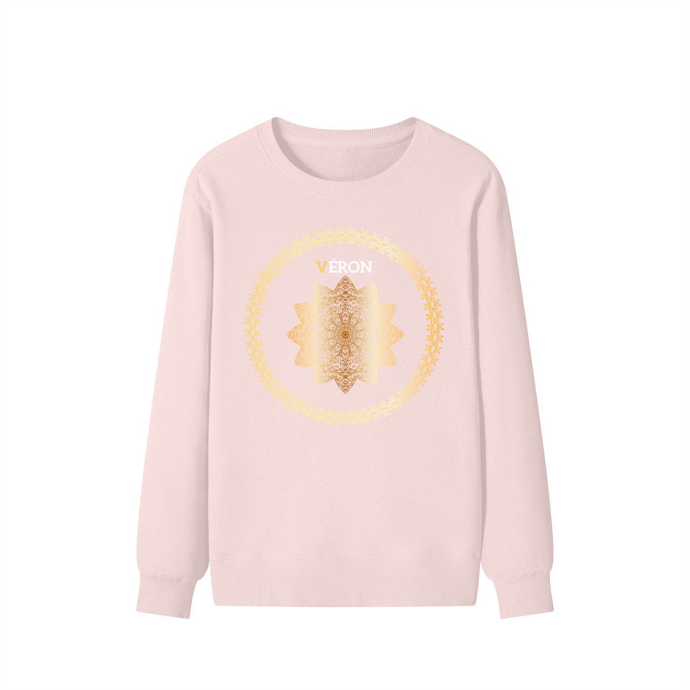 Pink sweatshirt with a yellow graphic design on a white background
