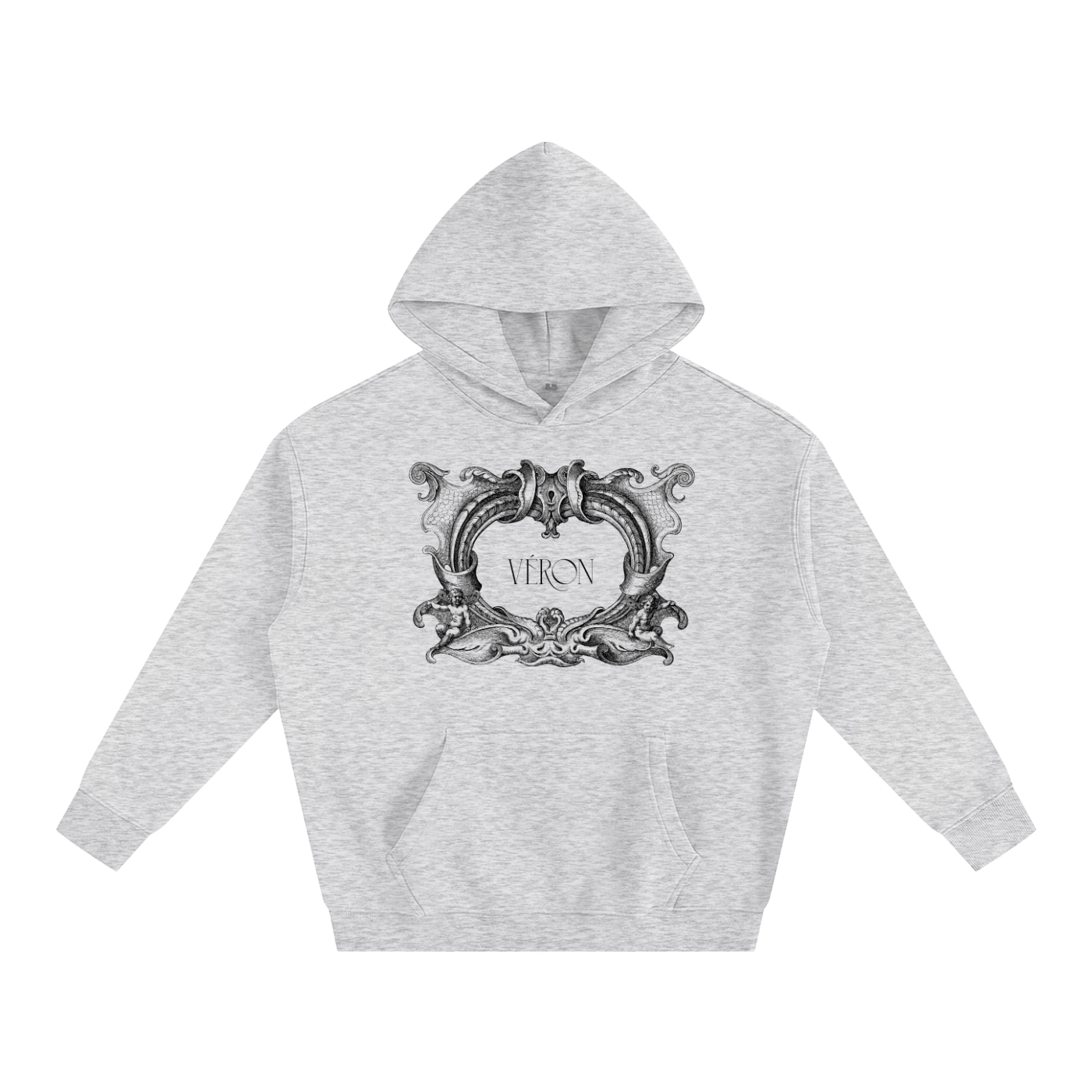 Gray hoodie with decorative emblem and 'VERON' text on a white background