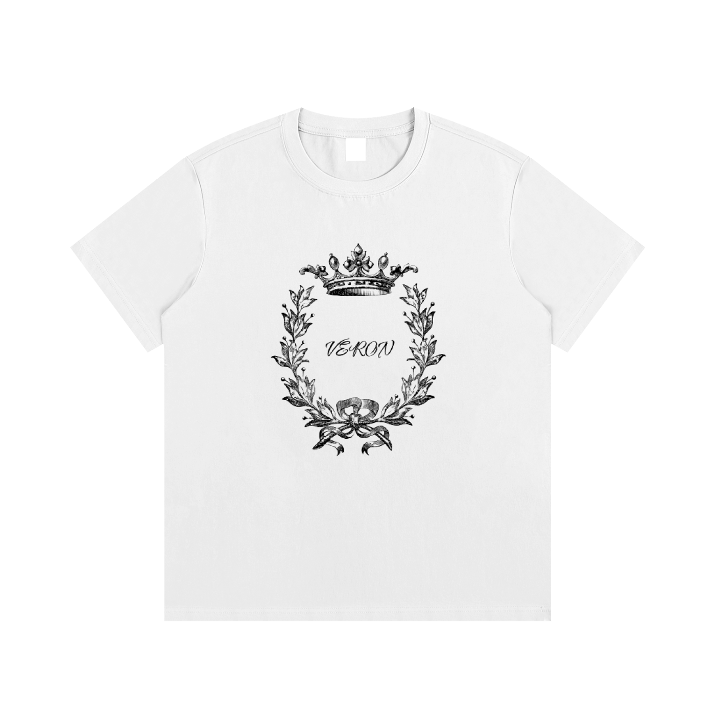 White t-shirt with black floral design and 'VERON' text on a white background
