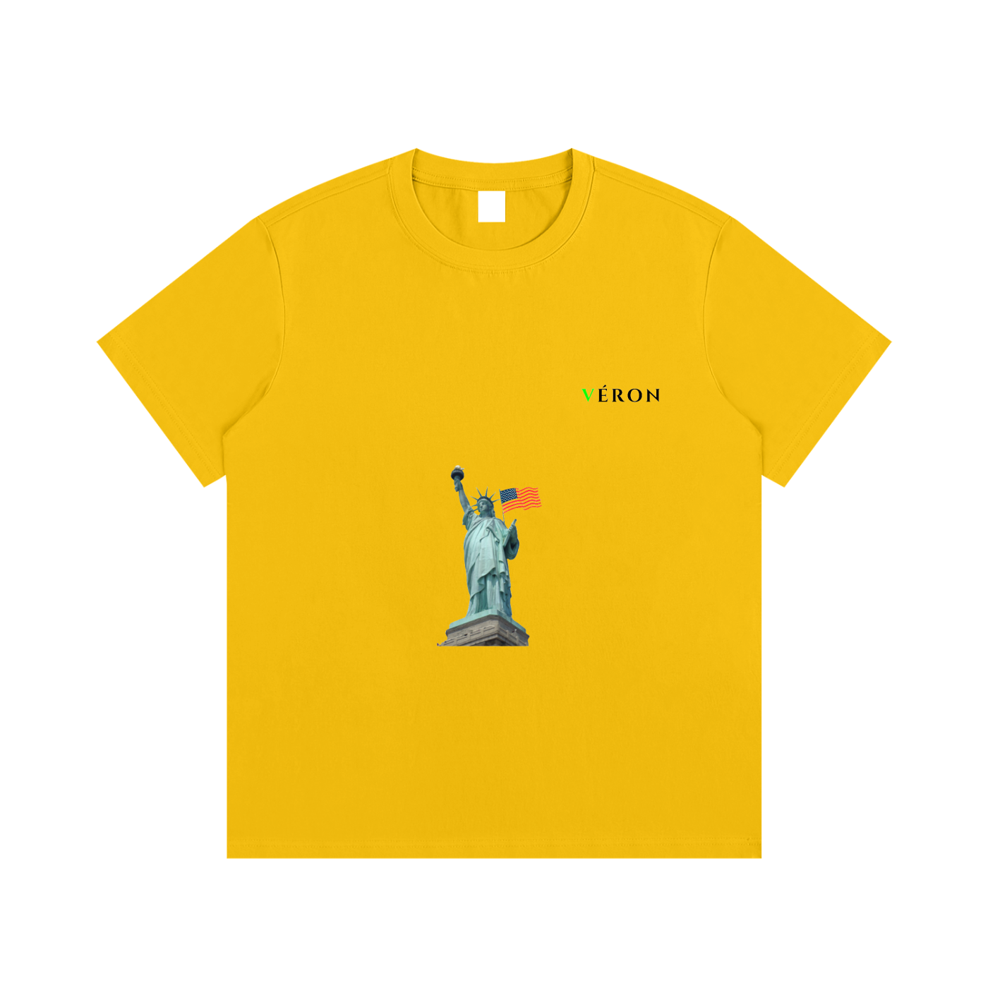 Yellow t-shirt with a graphic of the Statue of Liberty and 'VERON' branding on a white background