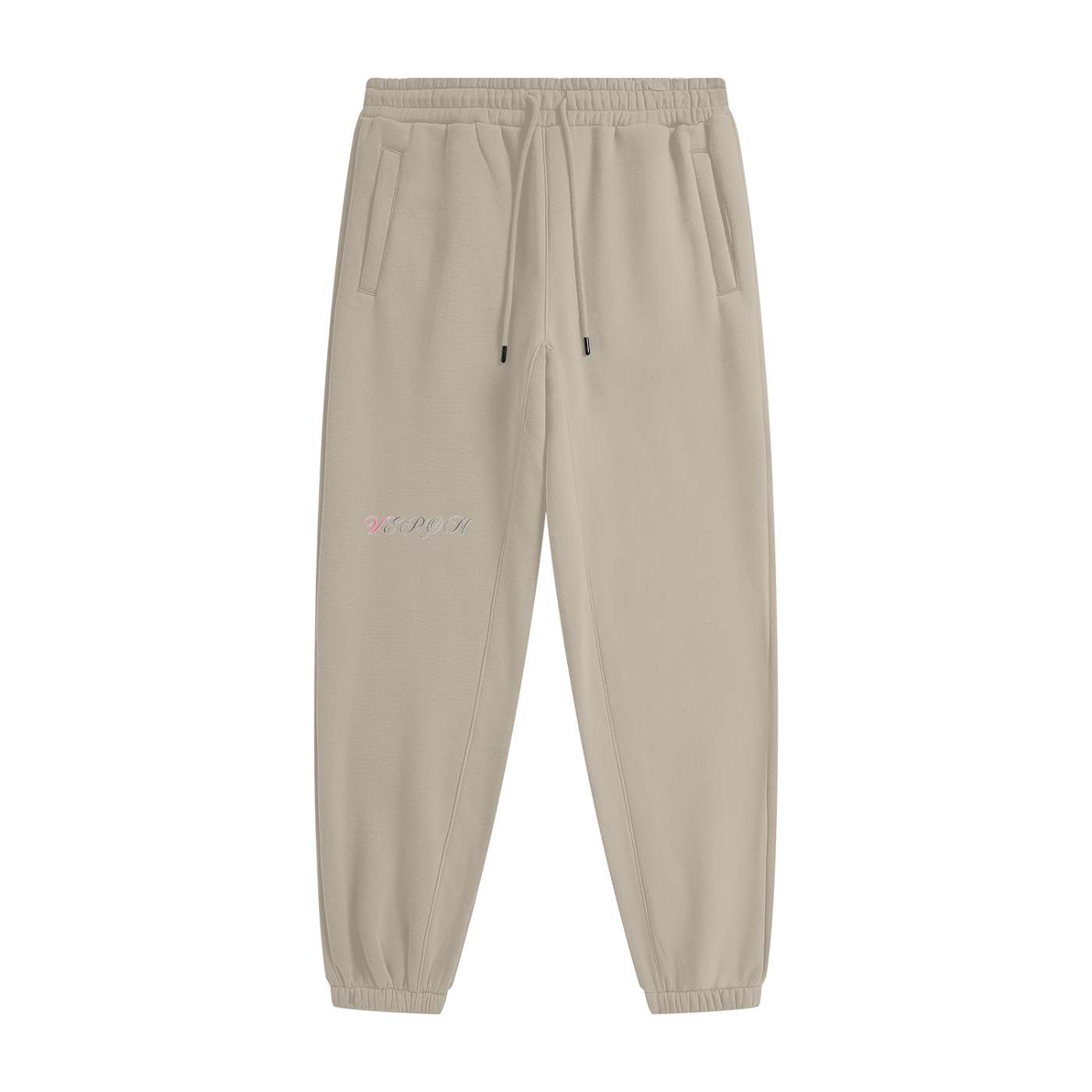 Beige sweatpants with a small logo on a white background