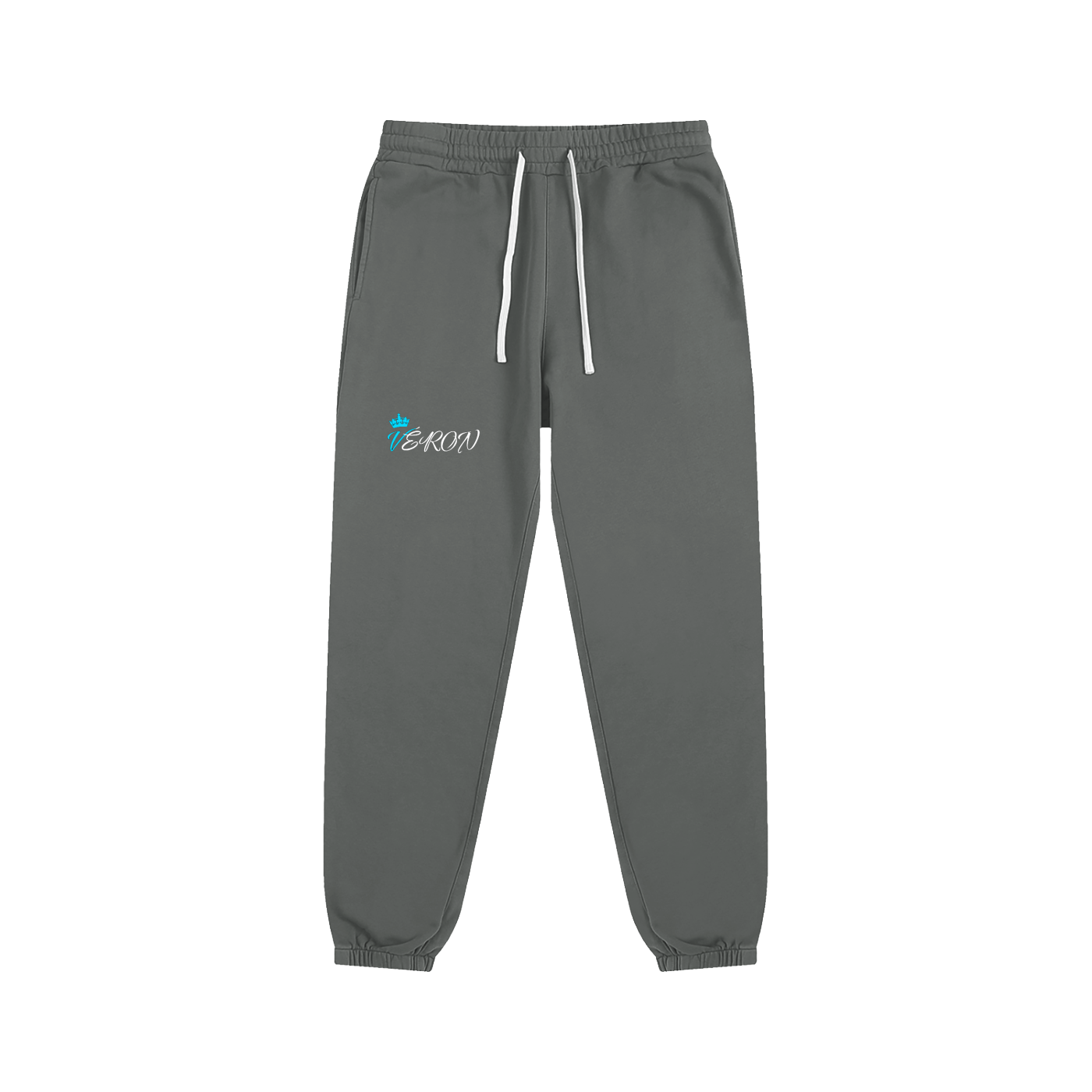Gray sweatpants with a brand logo on a white background.