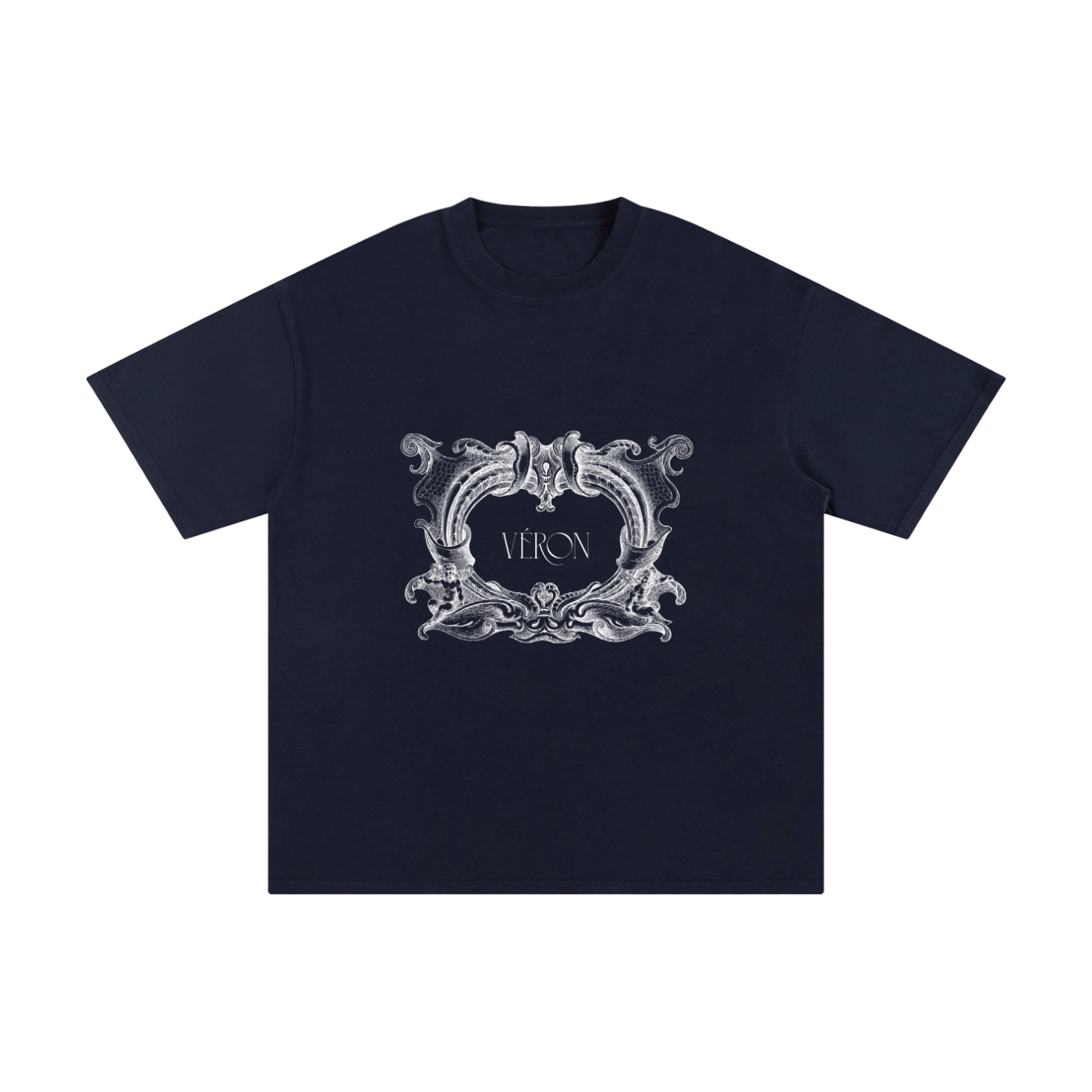 Navy t-shirt with decorative white logo and 'VERON' text on a white background