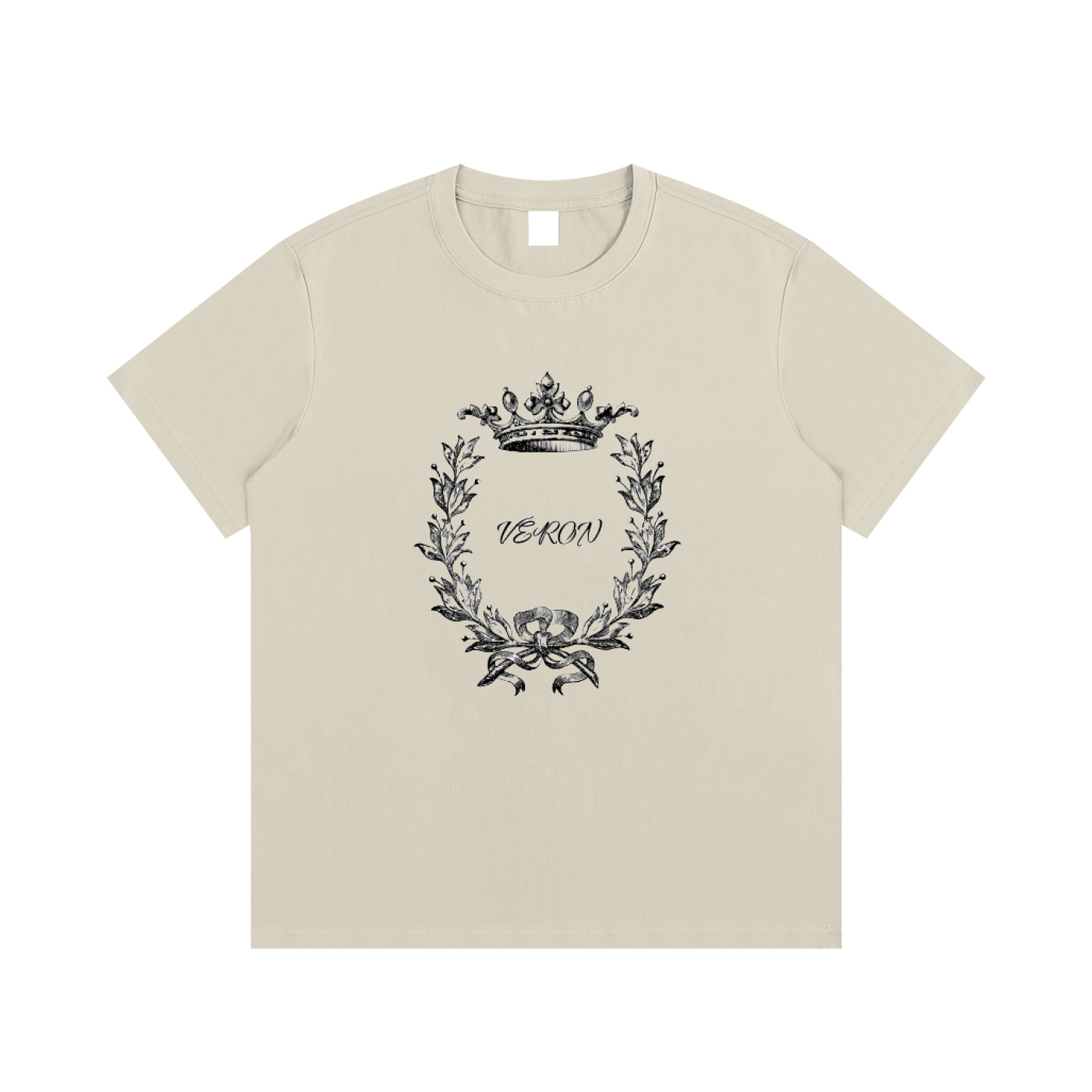 VERON Beige t-shirt with black laurel wreath and crown design on a white background