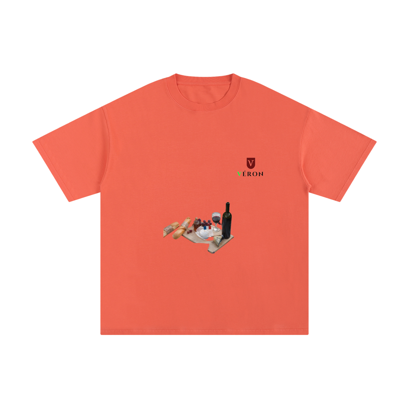 Orange t-shirt with a graphic design on VERON on a white background
