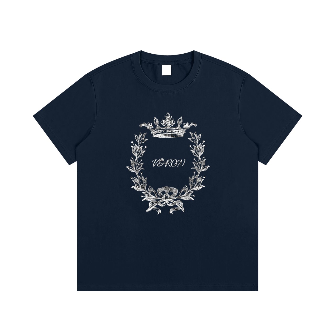 Navy blue t-shirt with white floral design and 'VERON' text on a white background