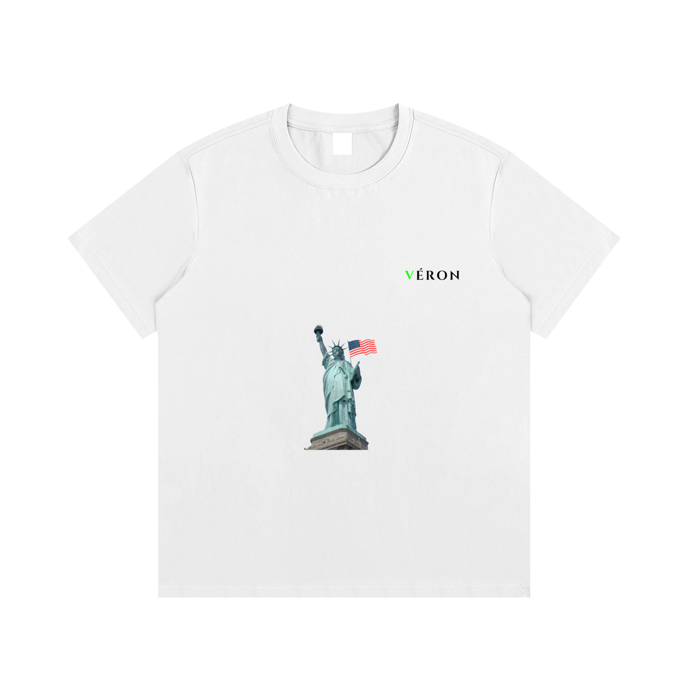 White t-shirt with Statue of Liberty graphic and 'VERON' branding on a white background