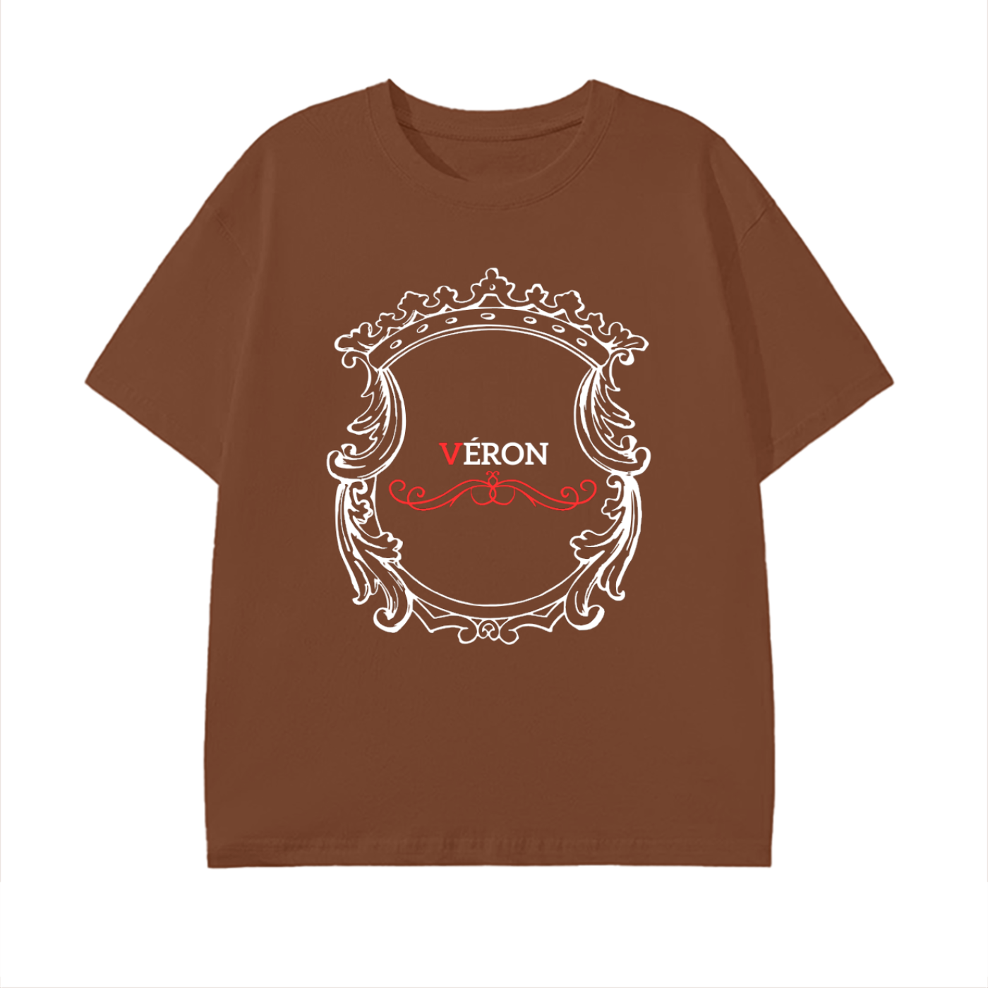 Brown t-shirt with decorative emblem and 'VERON' text on a white background