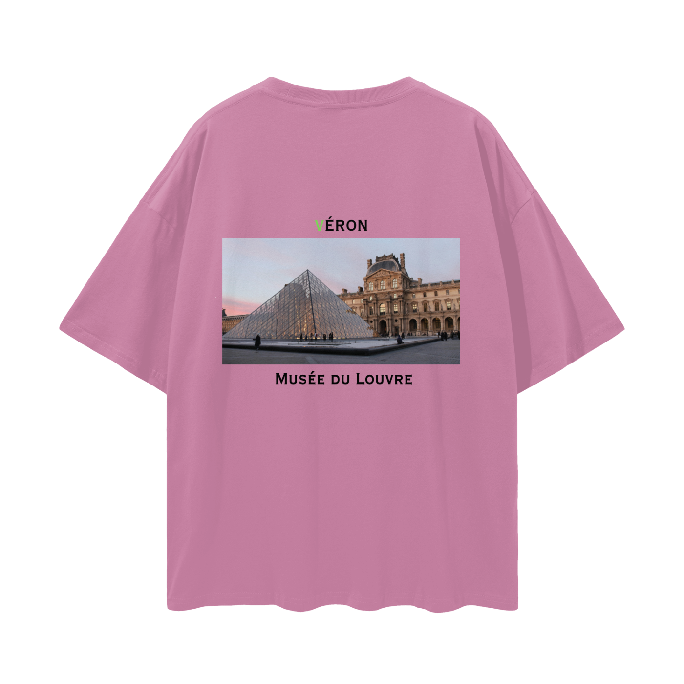 Pink t-shirt with Musée du Louvre graphic on a white background