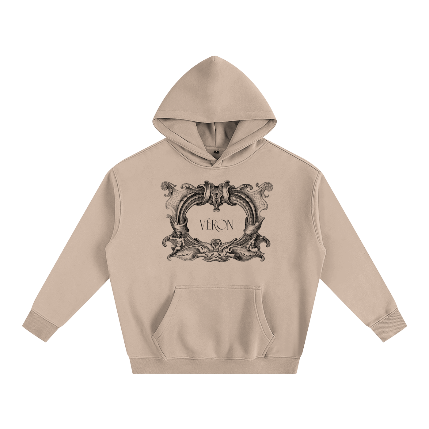 VERON Beige hoodie with decorative emblem and 'Véron' text on a white background