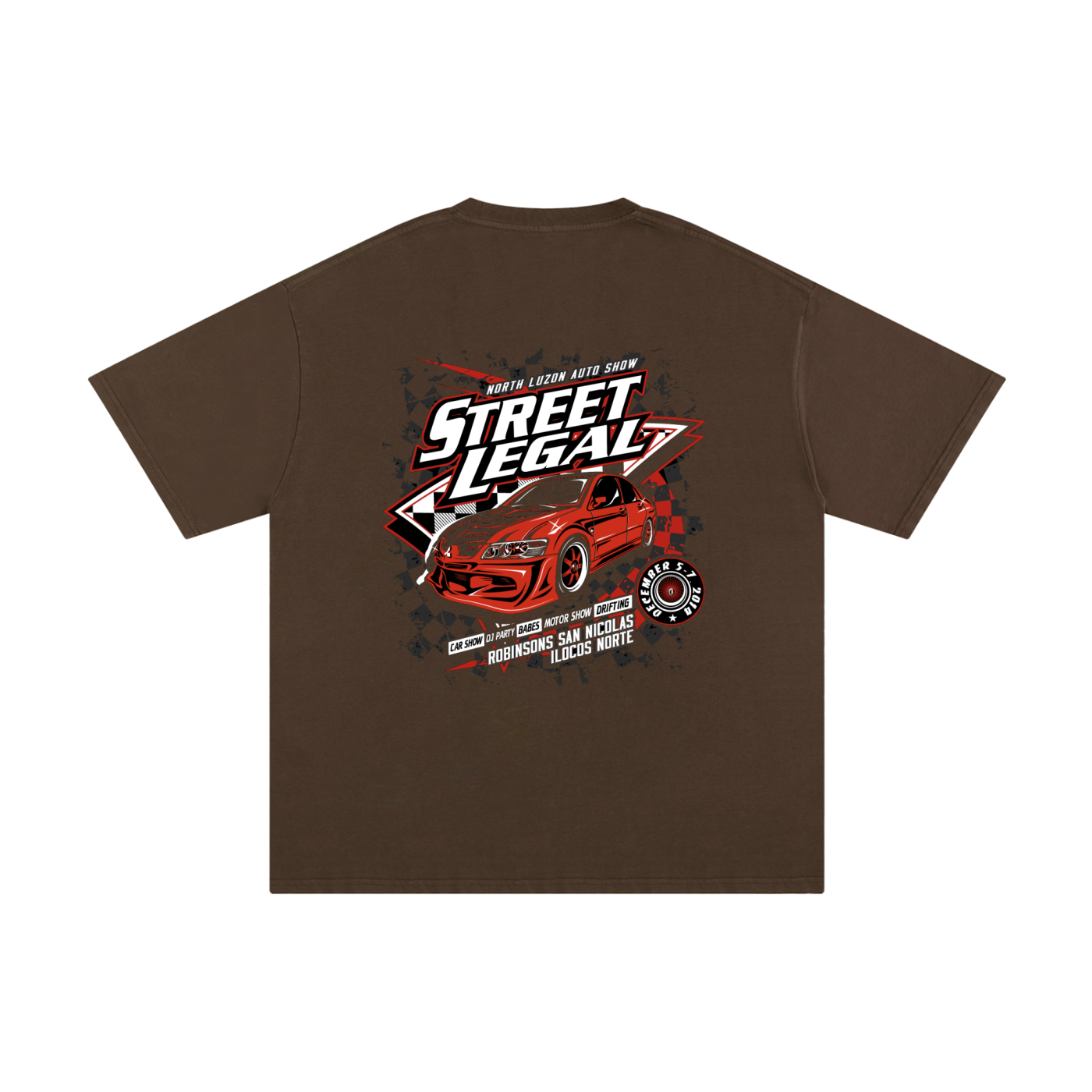 Brown t-shirt with 'Street Legal' car graphic on a white background