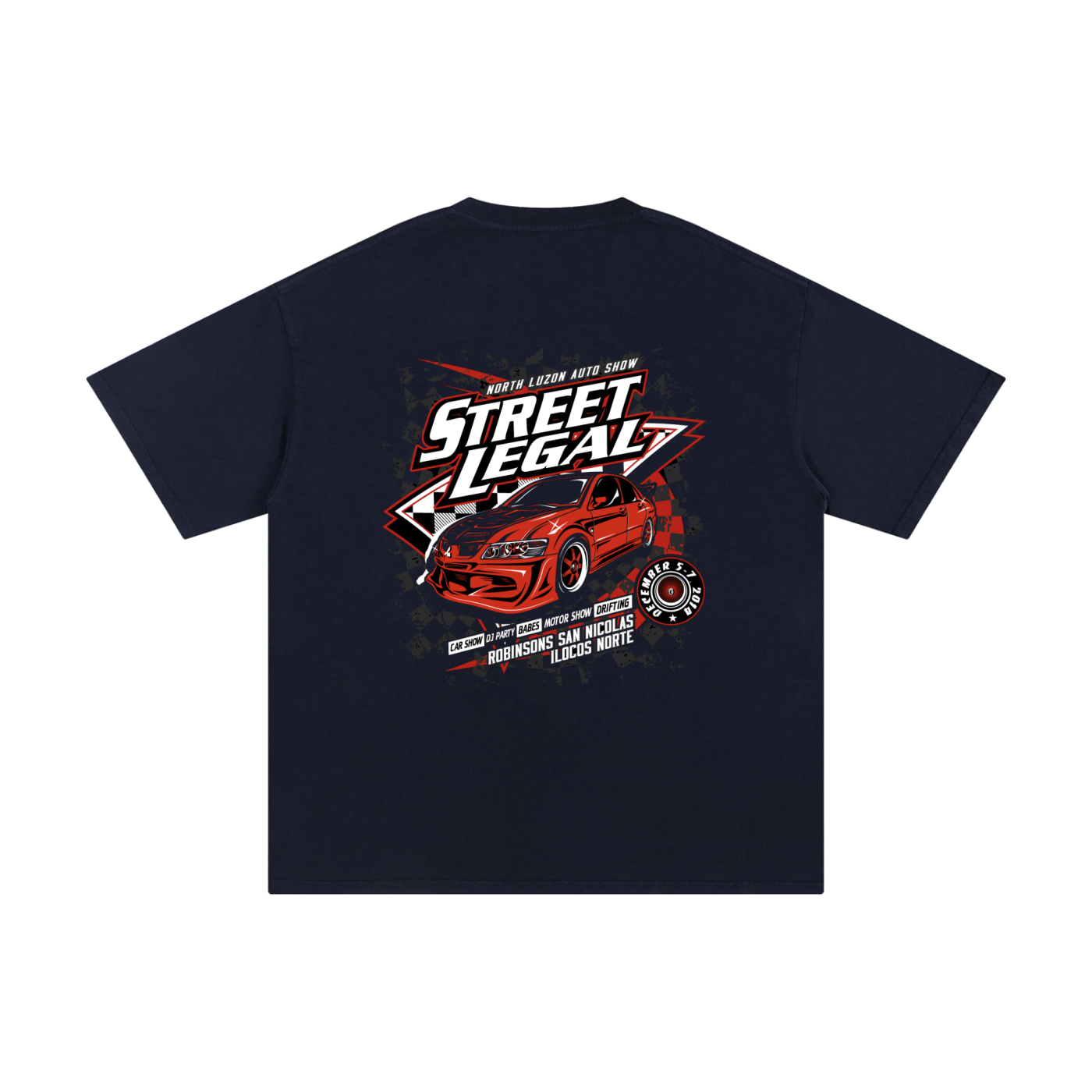 Black t-shirt with 'Street Legal' car graphic on a white background