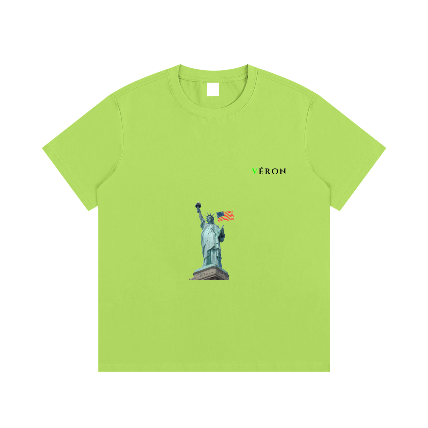 Green t-shirt with a graphic of the Statue of Liberty and 'Veron' branding on a white background