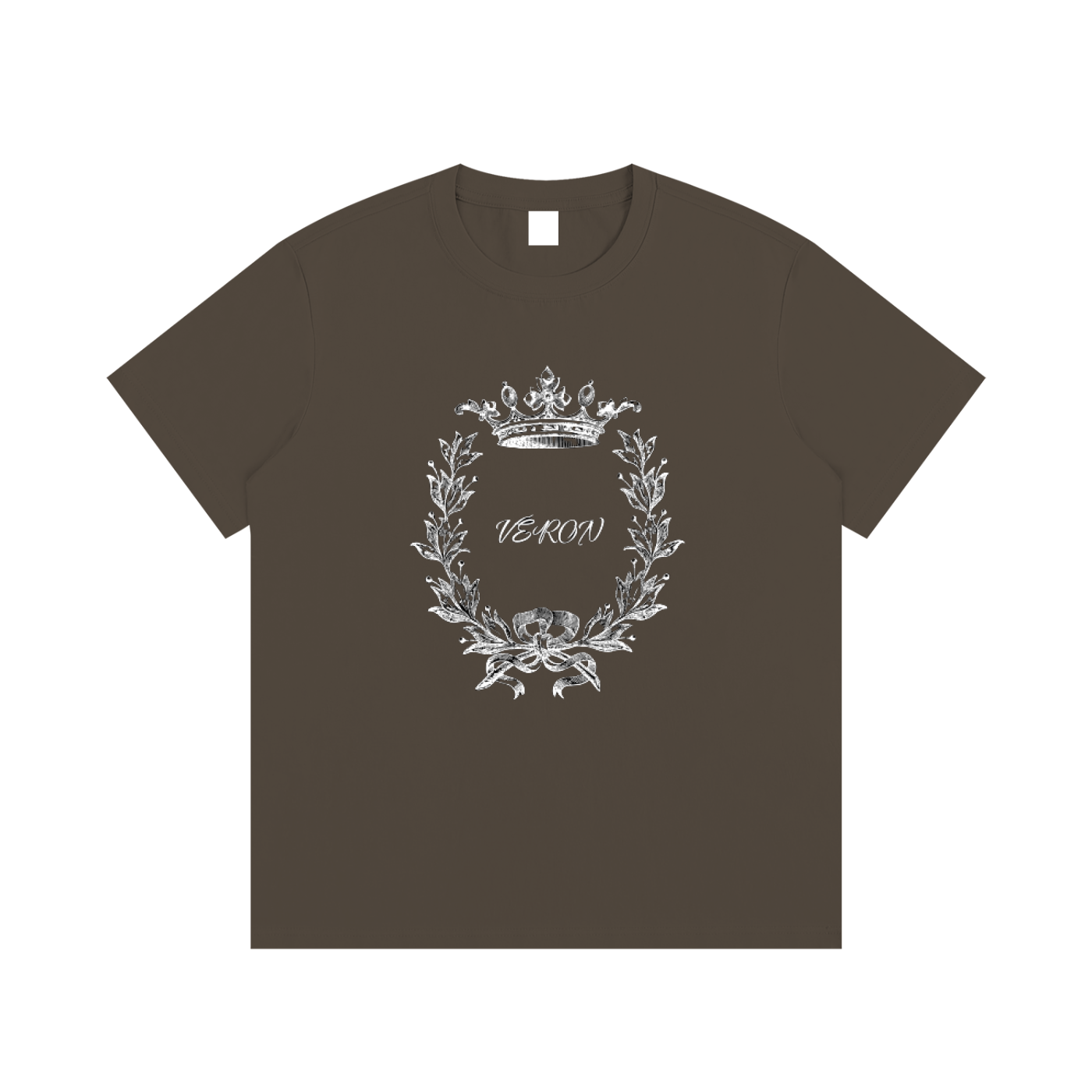 VERON Brown t-shirt with white floral and crown design on a white background