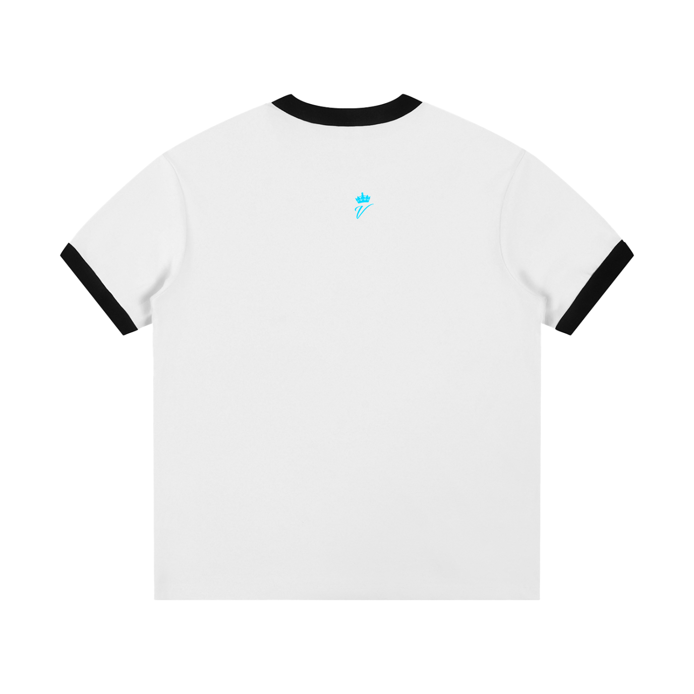 White t-shirt with black ringer sleeves and a small blue logo on a white background