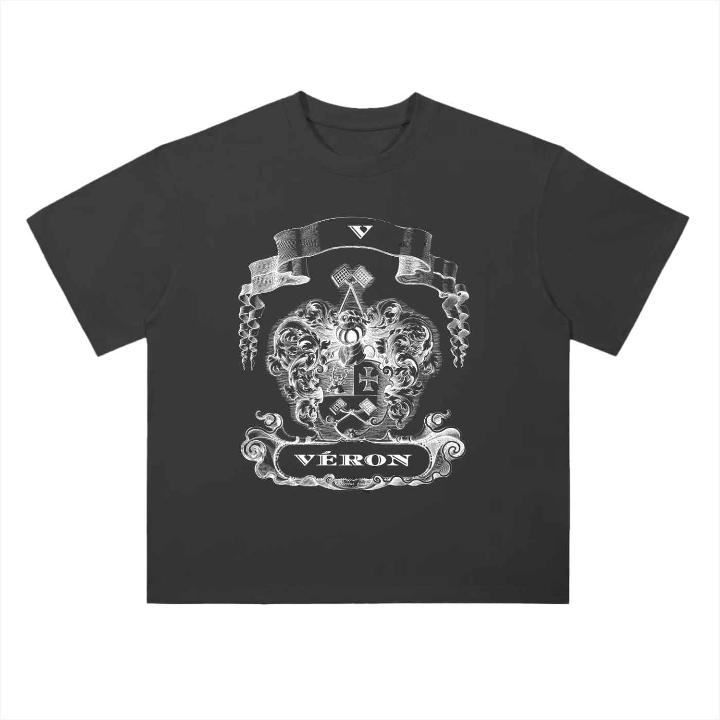 Black t-shirt with white graphic design and 'Véron' text on a white background