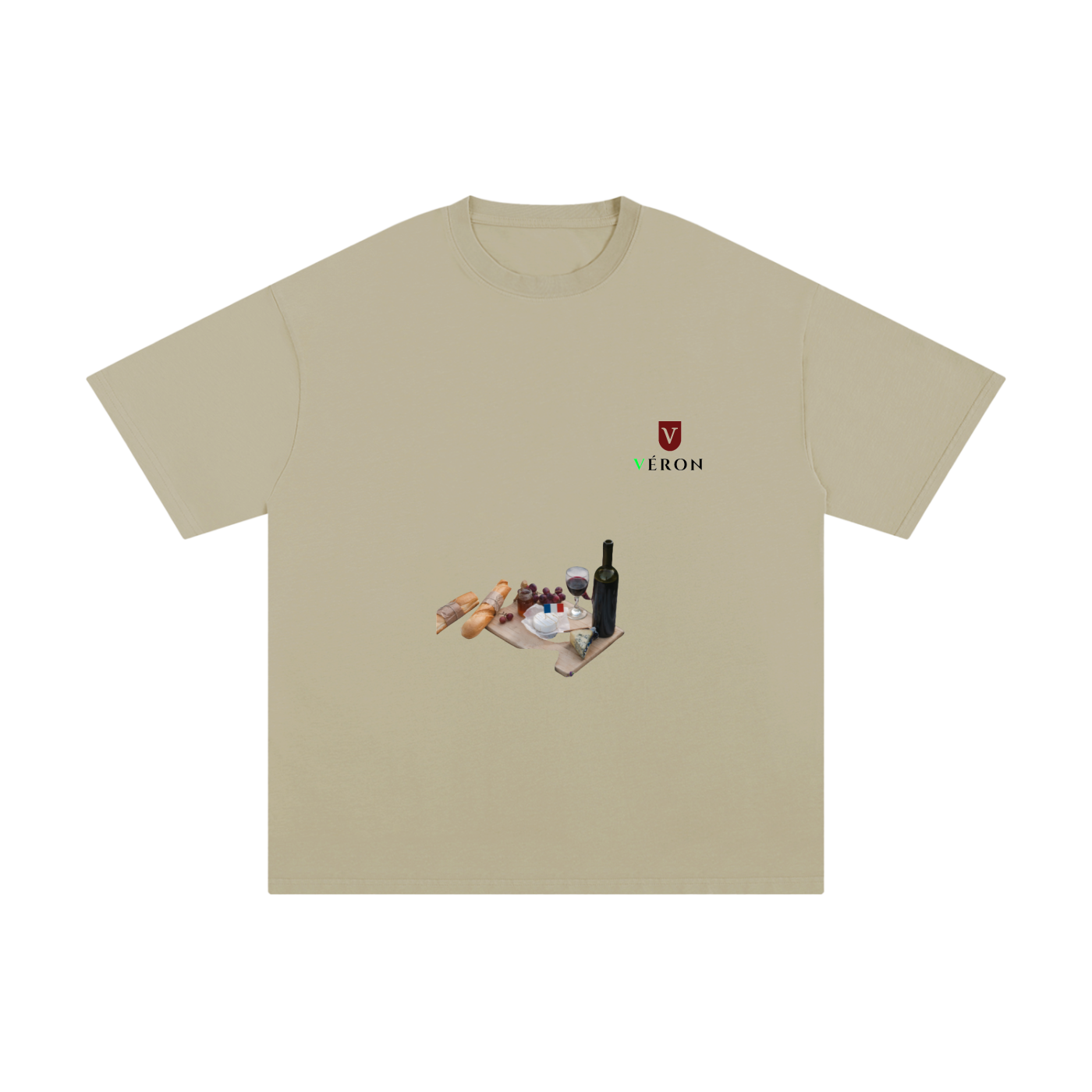 VERON Beige t-shirt with a small graphic and brand logo on a white background