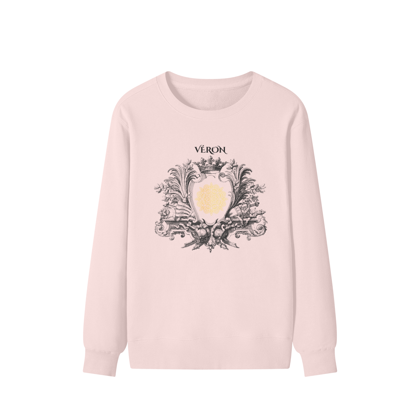 Pink sweatshirt with decorative emblem and 'Véron' text on a white background