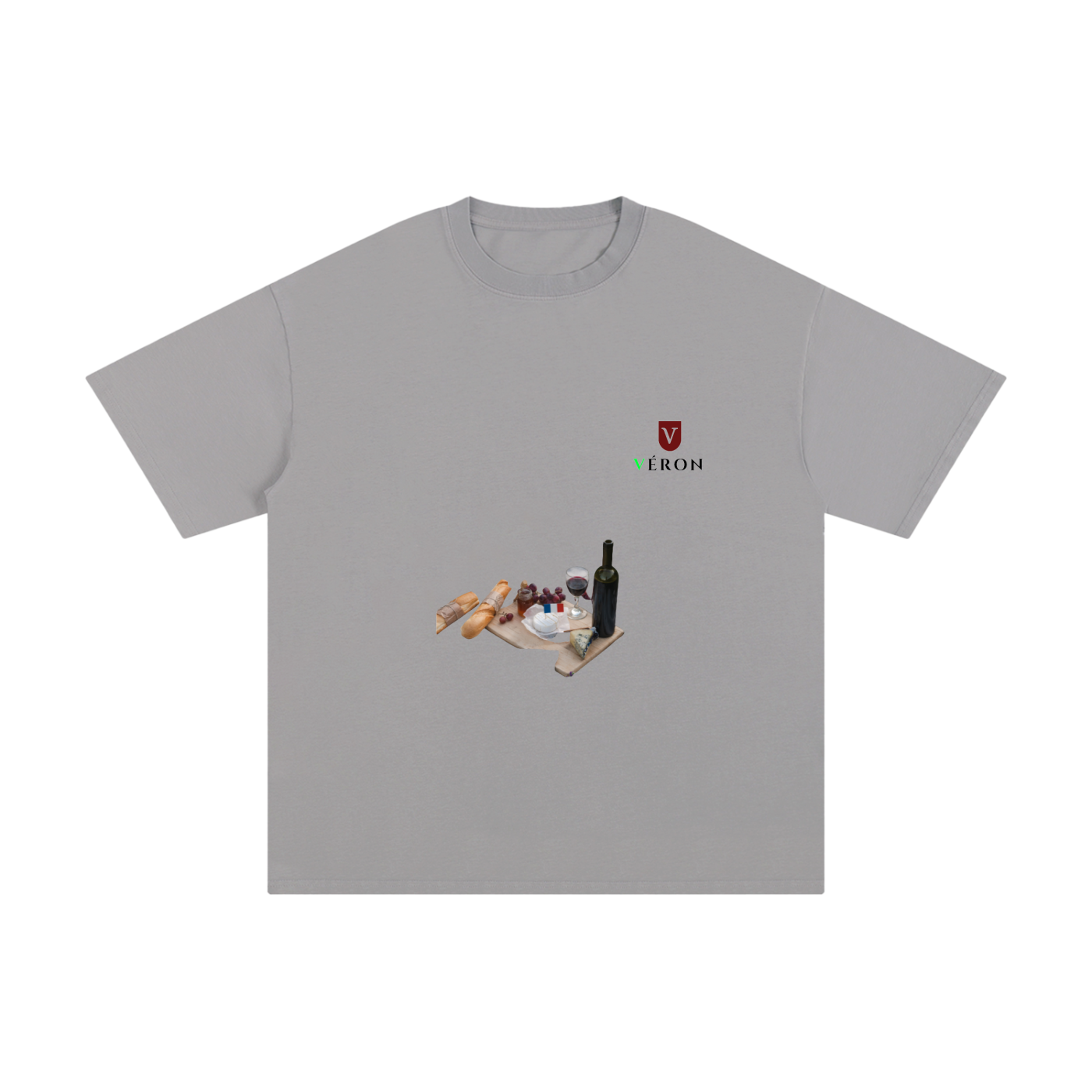 Gray t-shirt with a graphic design on a white background