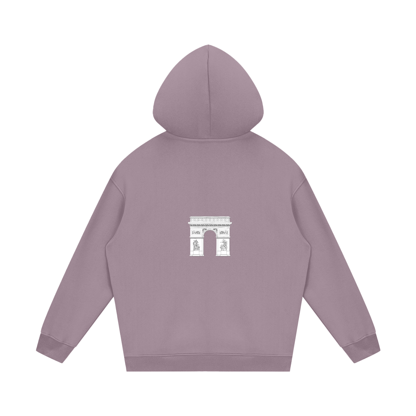 Purple hoodie with a white graphic on the back against a white background