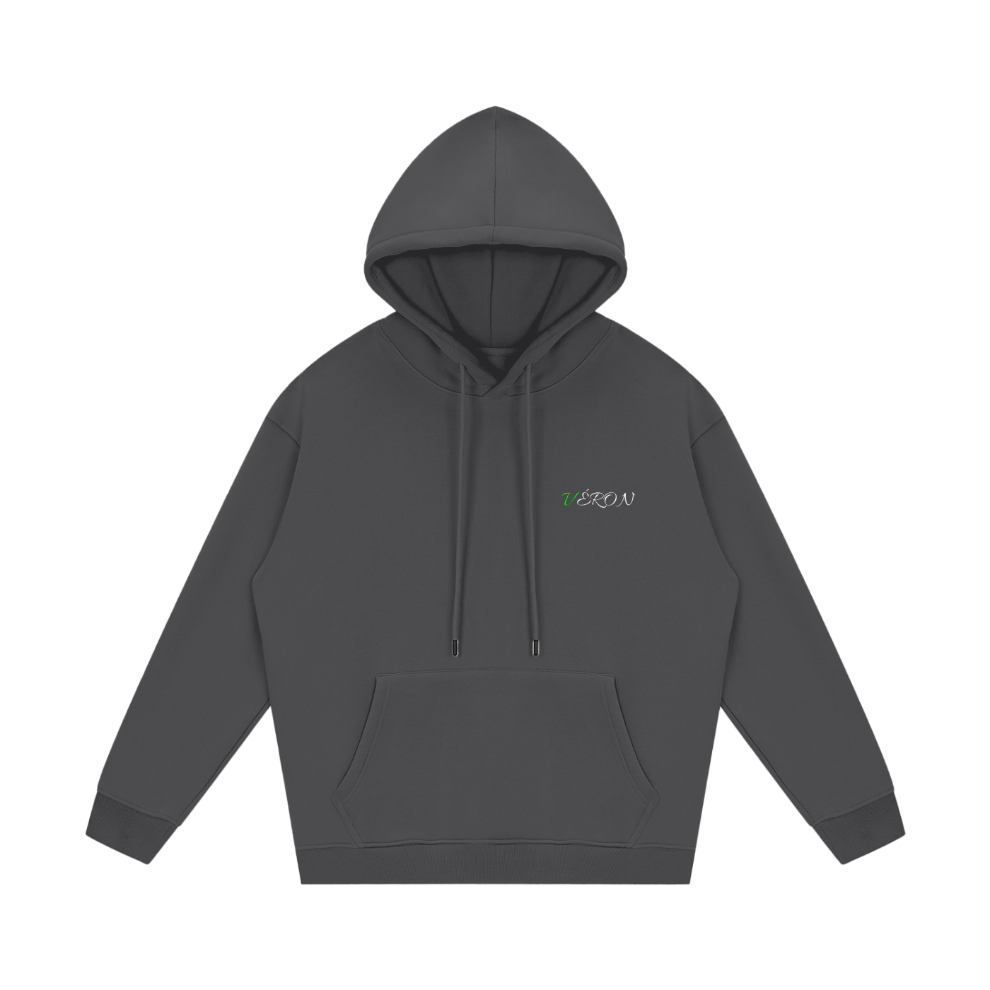 Dark gray hoodie with a brand logo on a white background