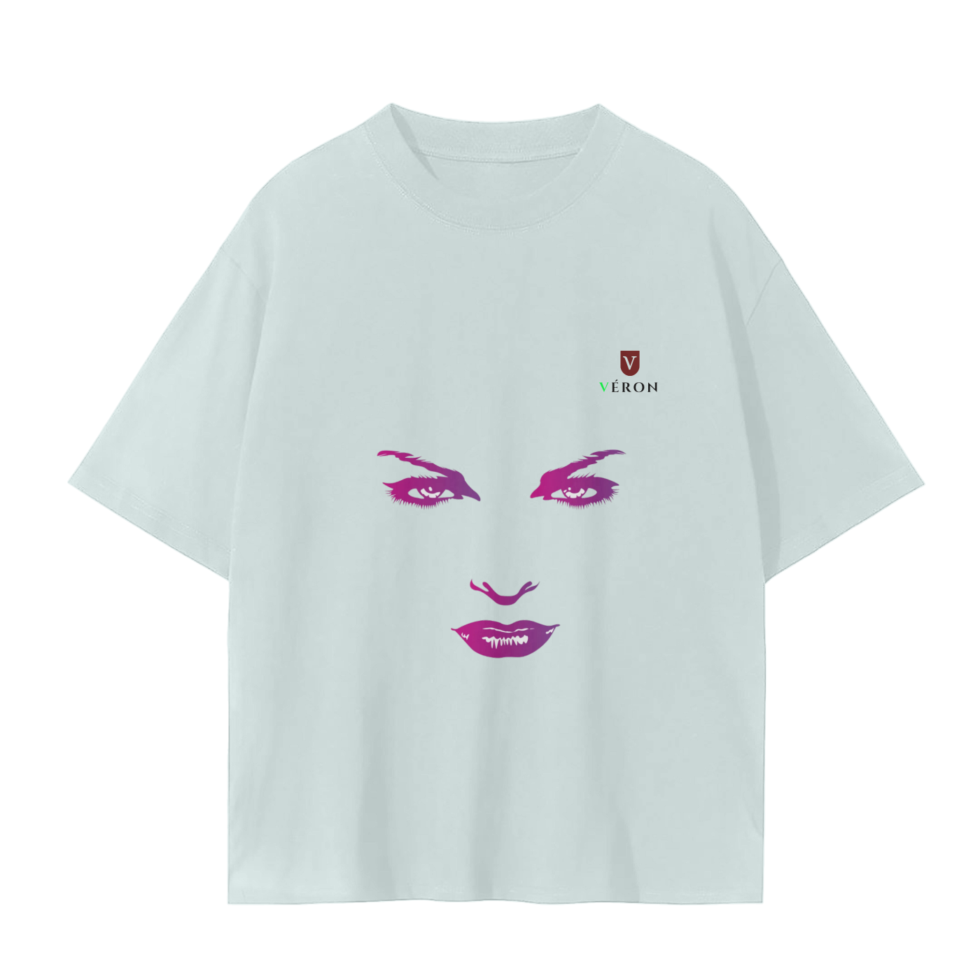 Light blue t-shirt with a graphic of a face and 'VERON' branding on a white background