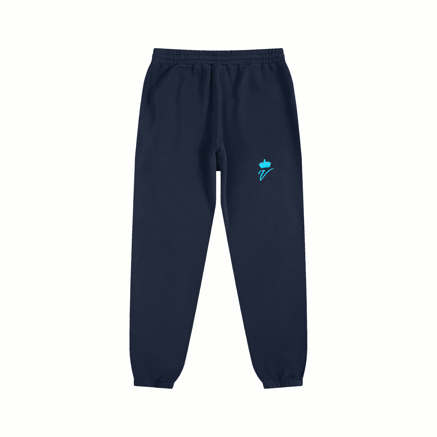 Navy blue sweatpants with a small blue logo on a white background.