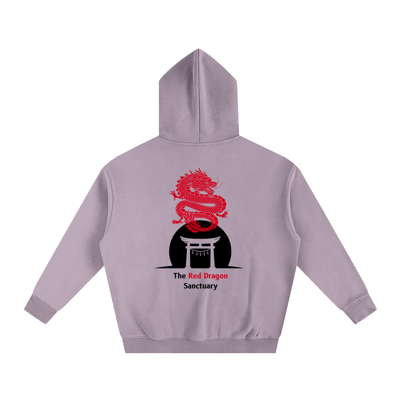 Purple hoodie with red dragon design on the back on a white background