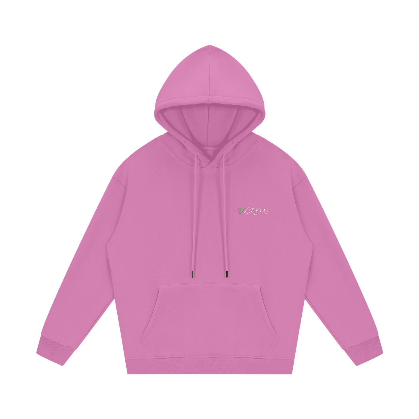 Pink hoodie with a brand logo on a white background