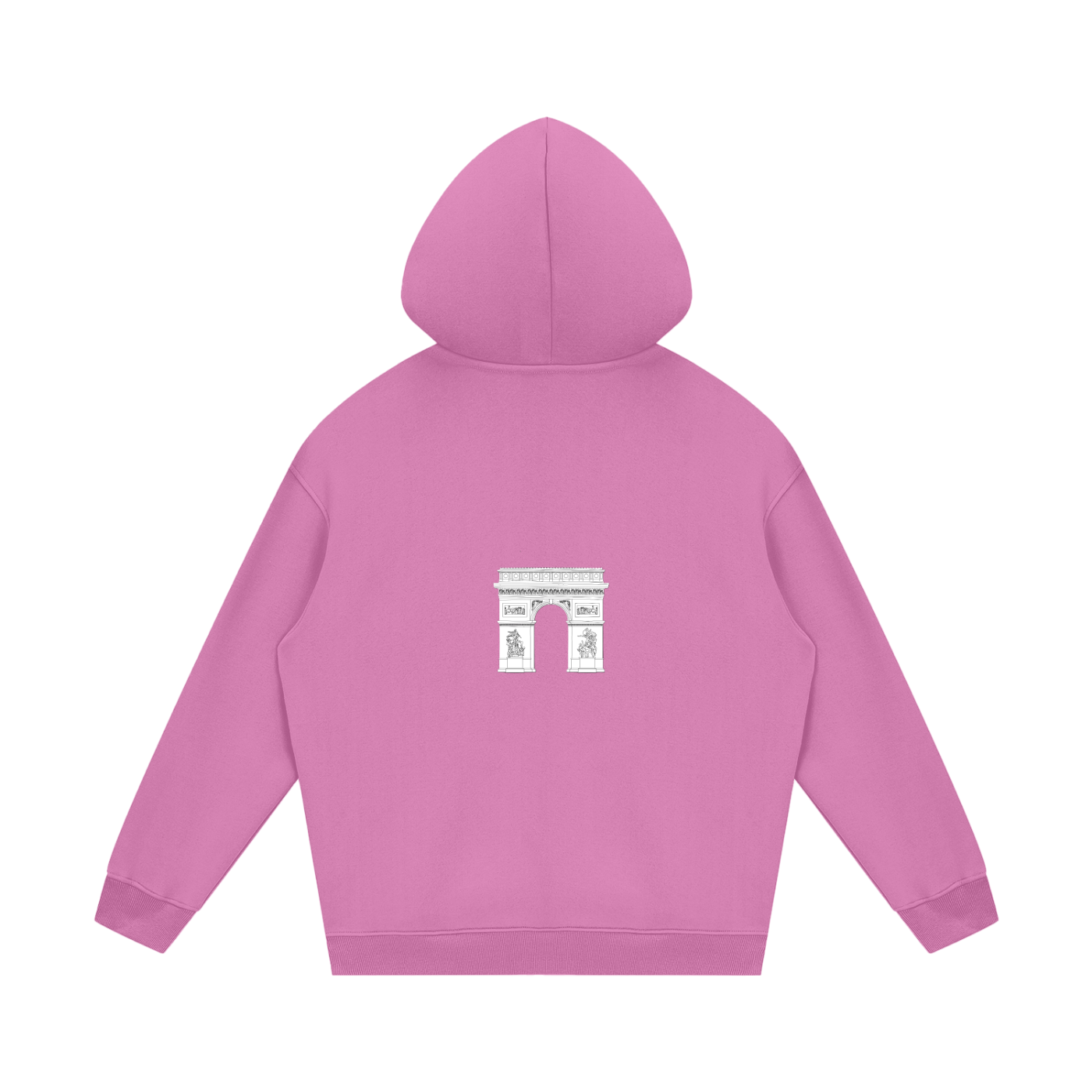 Pink hoodie with a small white graphic on the back against a white background
