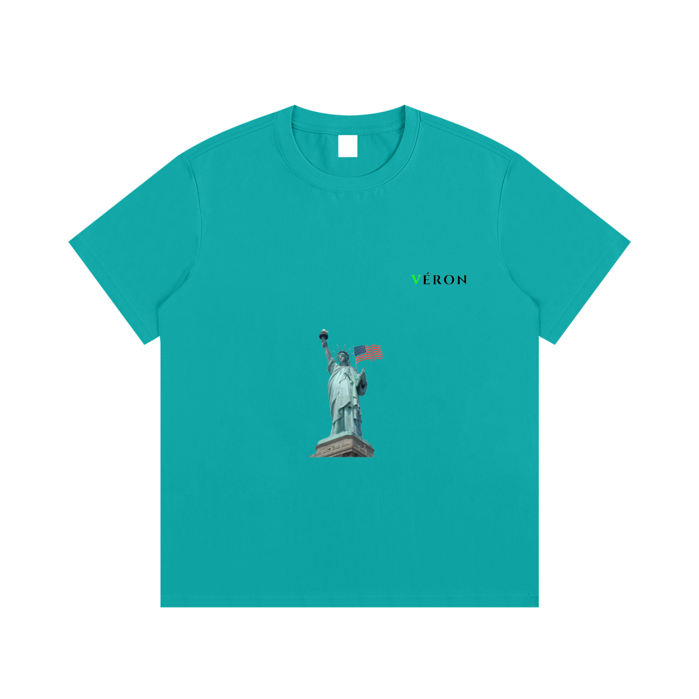 Teal t-shirt with a graphic of the Statue of Liberty and 'VERON' branding on a white background