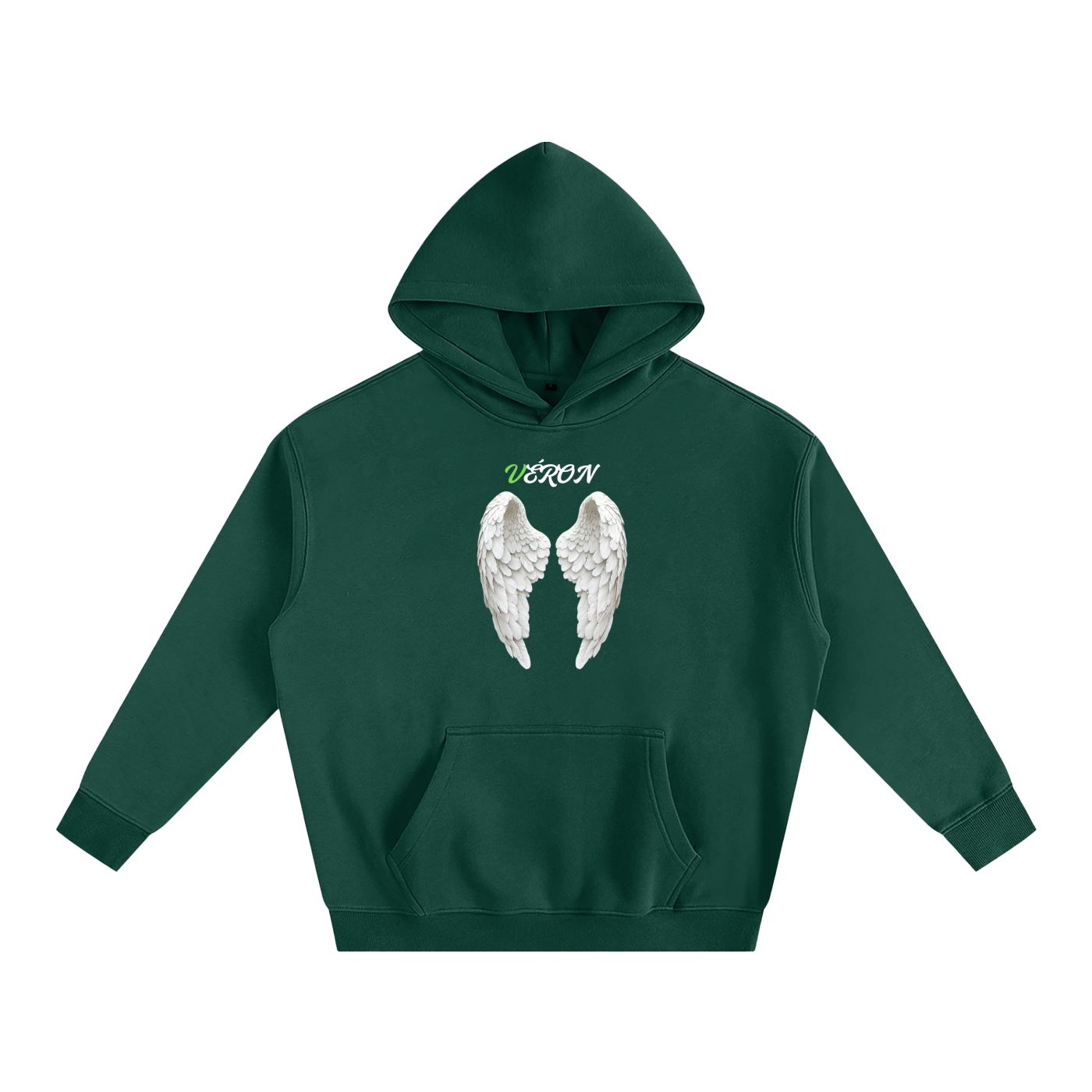 Green hoodie with angel wings and text on a white background
