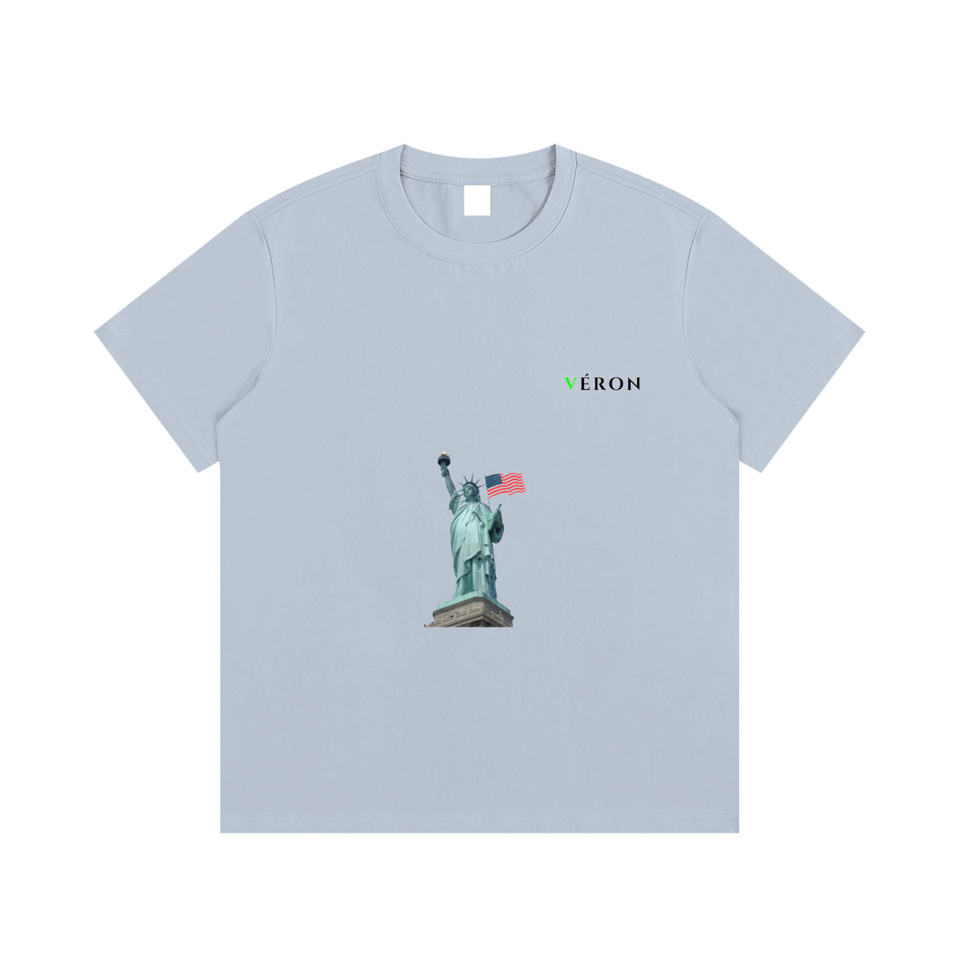 Light blue t-shirt with Statue of Liberty graphic and 'VERON' branding on a white background