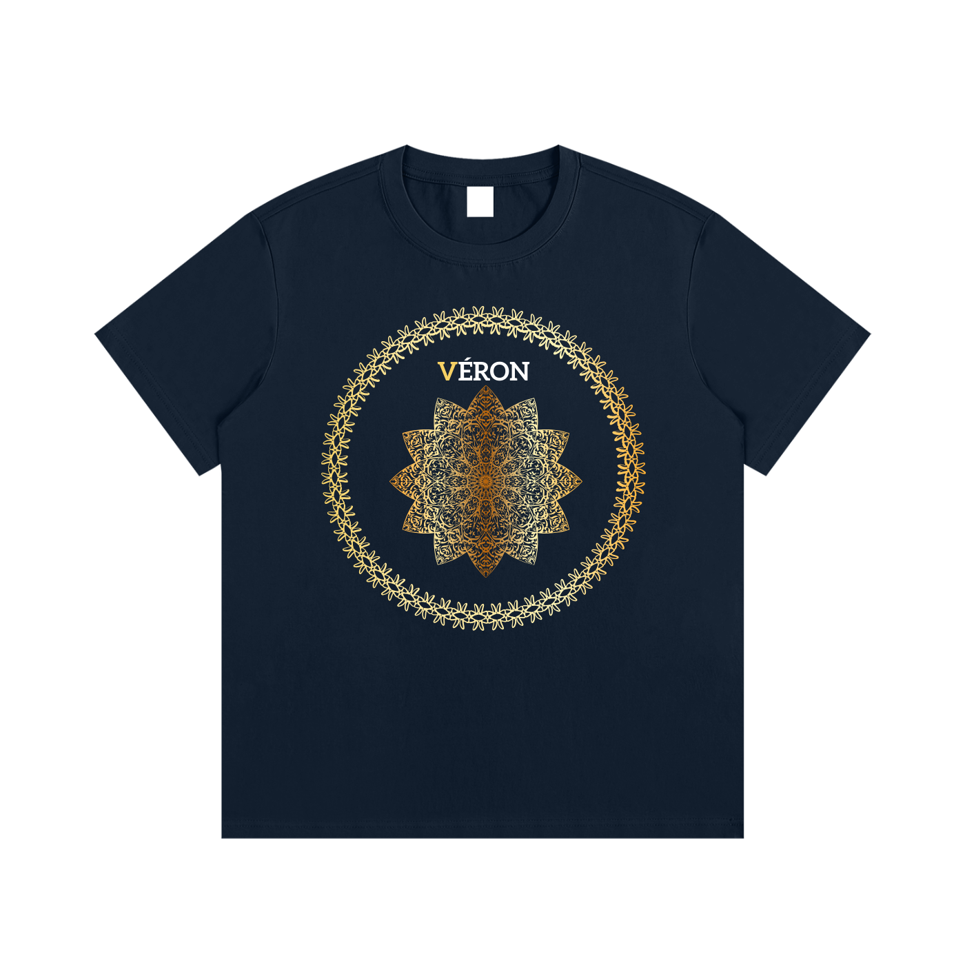 Navy blue t-shirt with a decorative design and 'VERON' text on a white background