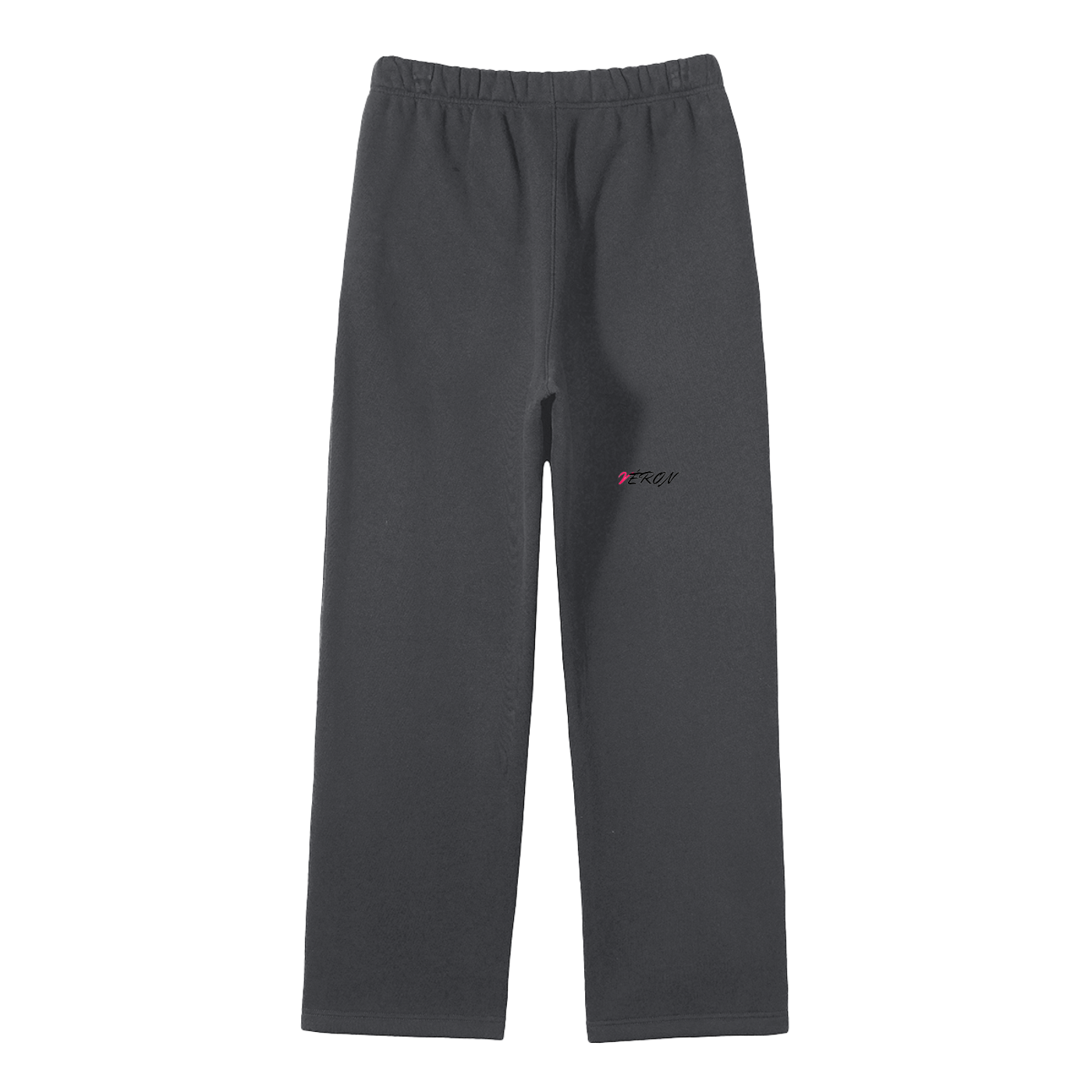 Dark gray sweatpants with a small logo on a white background
