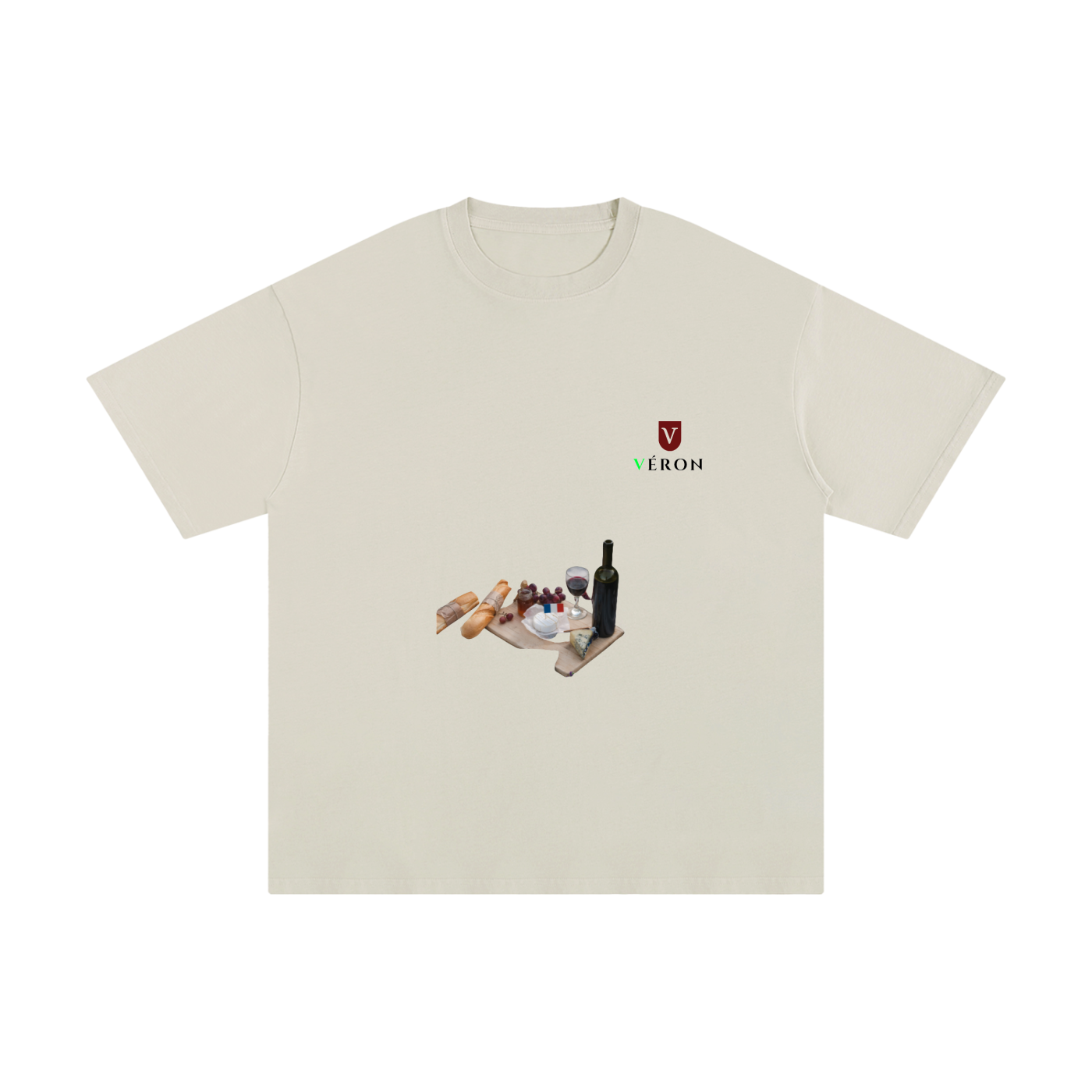 Beige t-shirt with a small graphic VERON on a white background