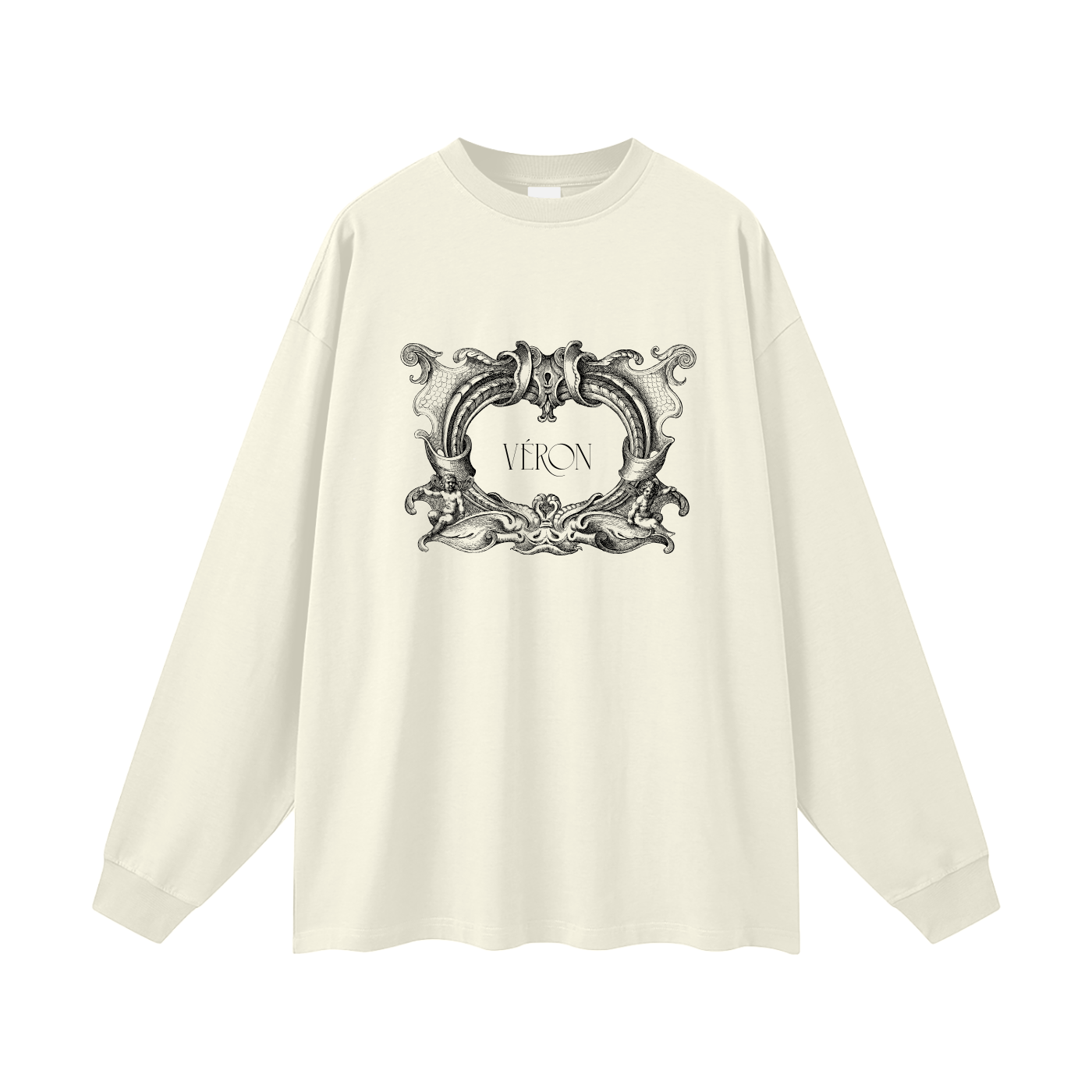 White long-sleeve shirt with decorative graphic and 'VERON' text on a white background