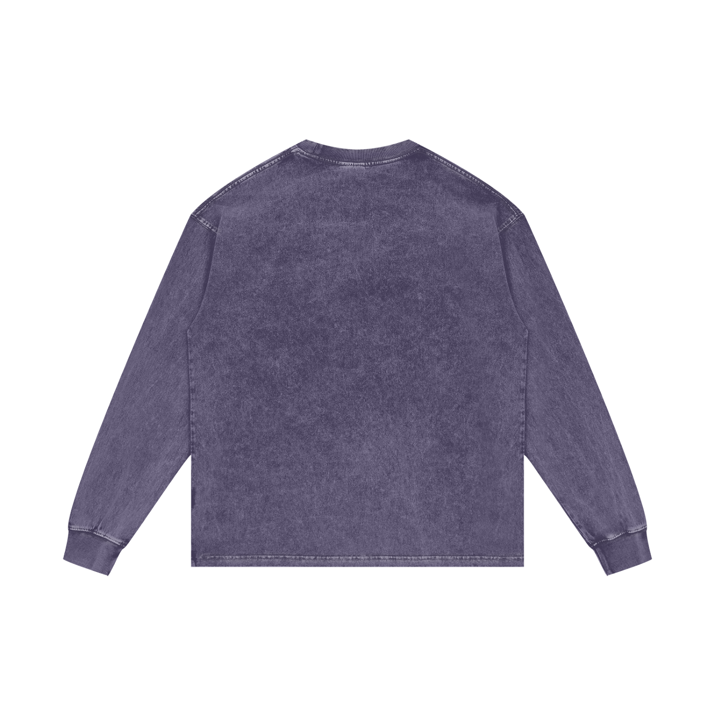 Back view of a dark blue long-sleeve shirt on a white background