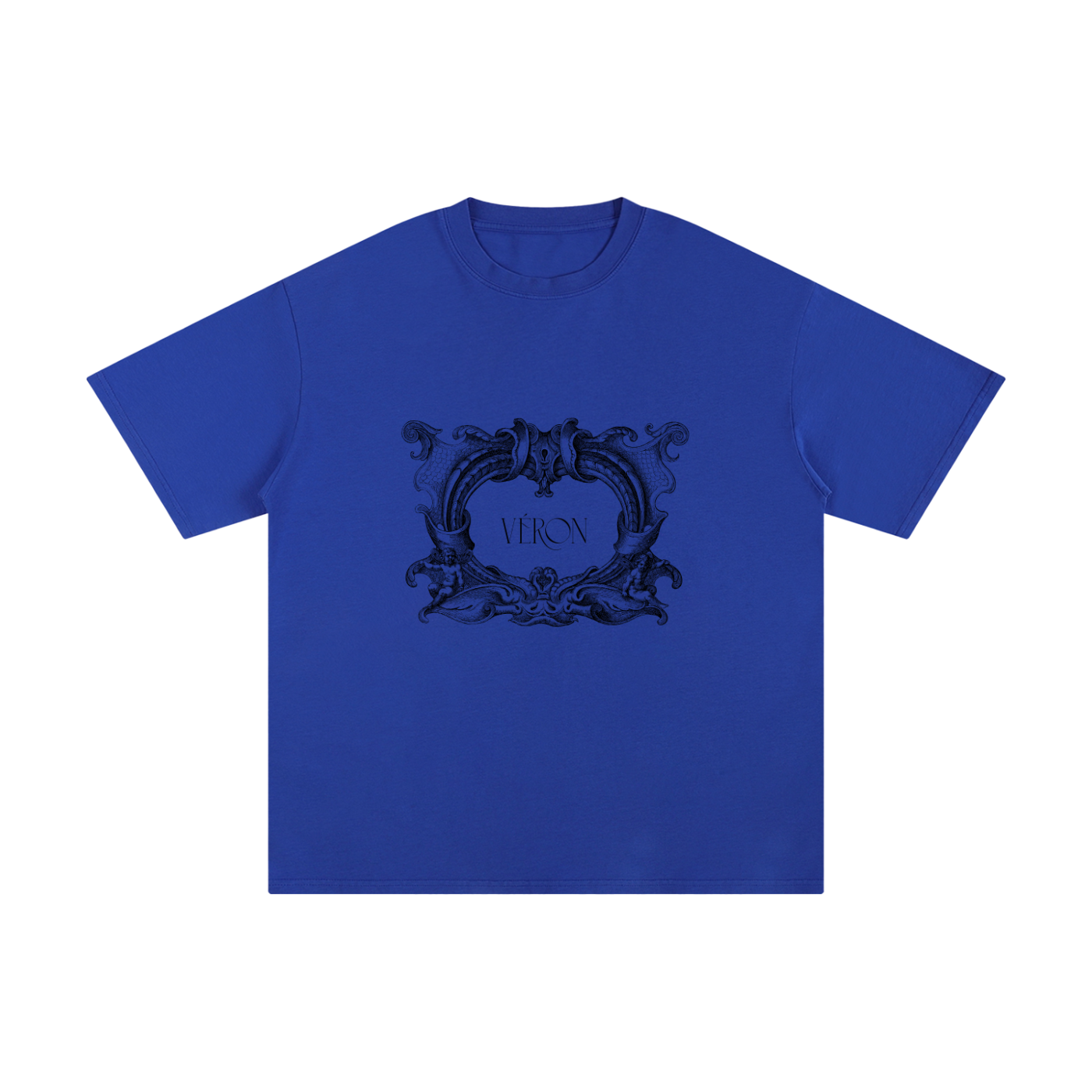 Blue t-shirt with decorative black logo and 'VIKON' text on a white background