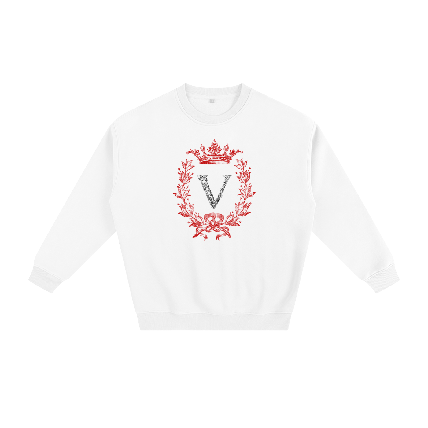VERON White sweatshirt with red floral design and gray 'V' on a white background