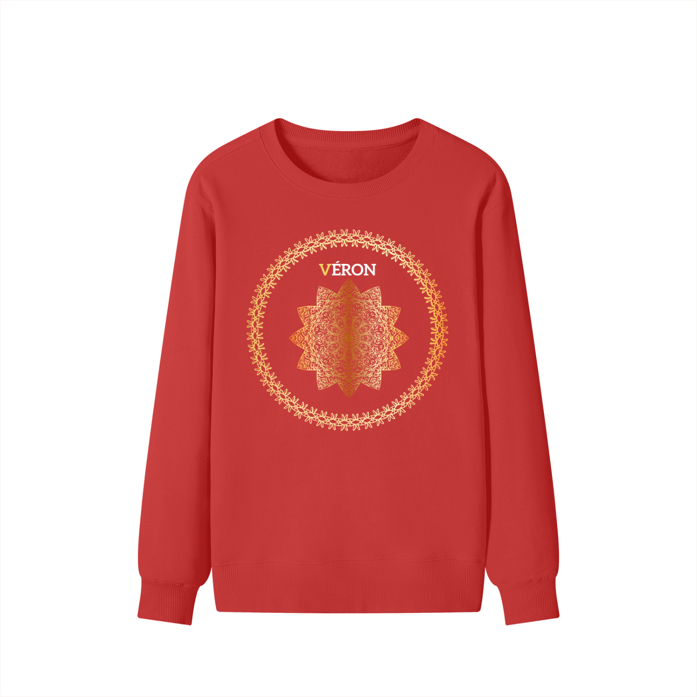 Red sweatshirt with a decorative circular design and 'VERON' text on a white background
