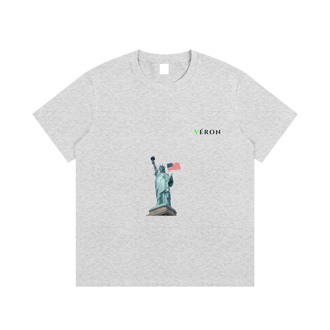Gray t-shirt with Statue of Liberty graphic and 'veron' branding on a white background