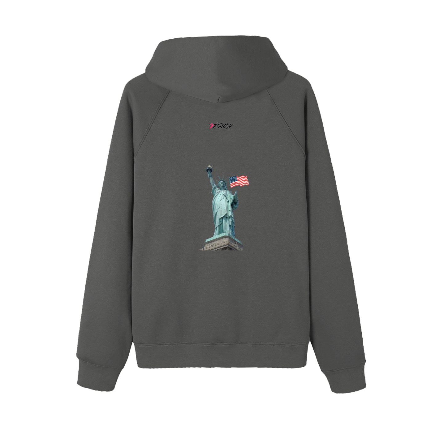 Gray hoodie with Statue of Liberty design on the back against a white background.