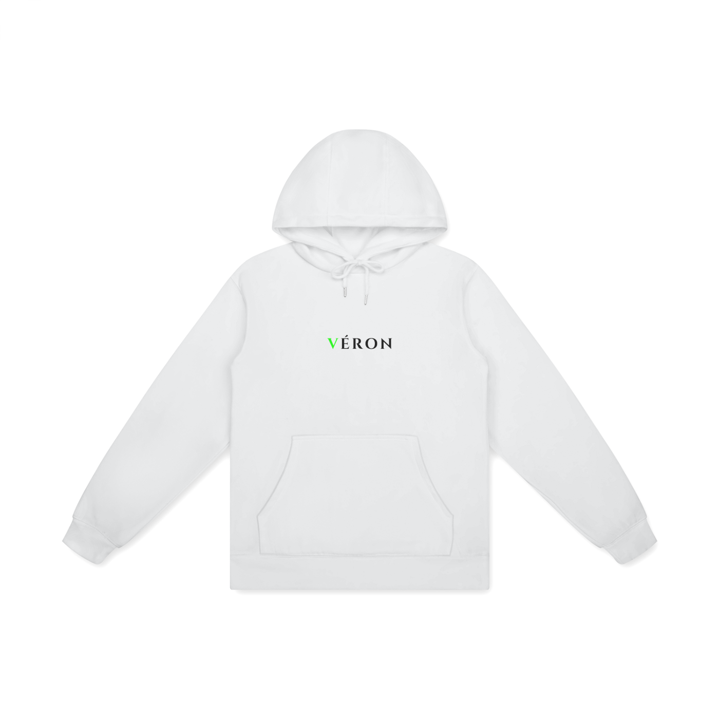 White hoodie with 'VERON' logo on a white background