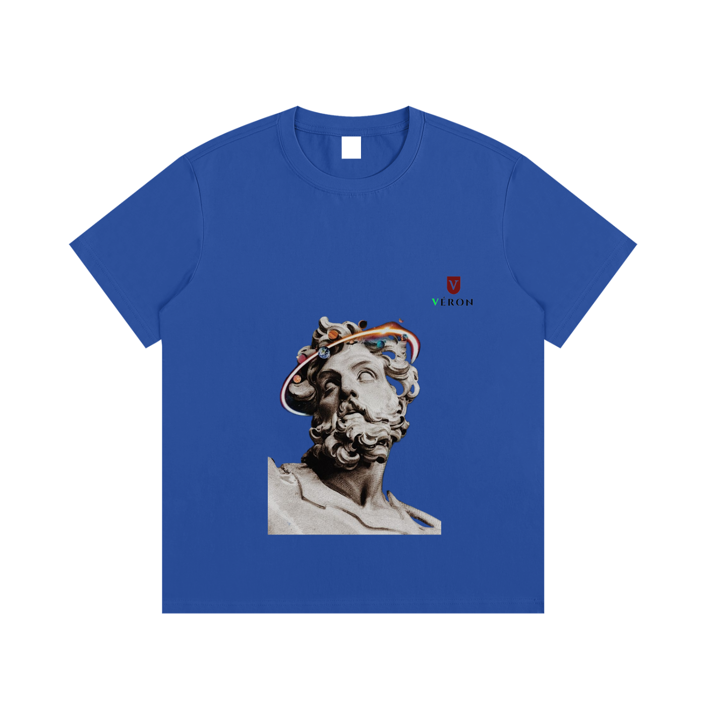 Blue t-shirt with a statue graphic and brand logo on a white background